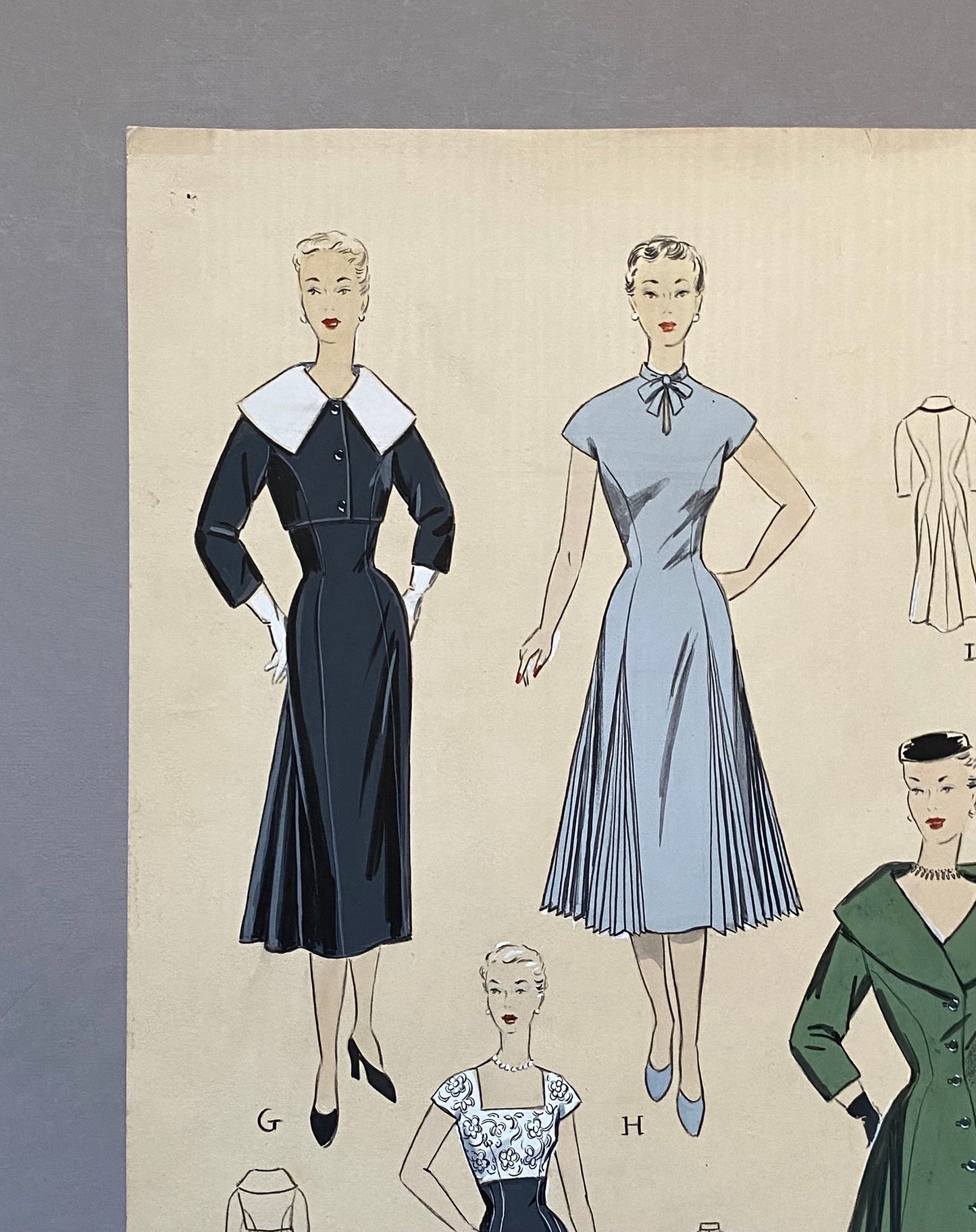 A Large Hand Drawn and Hand Painted Fashion Illustration. From Barcelona, Spain. 1955. Size: 50.5 x 40.5 cms.