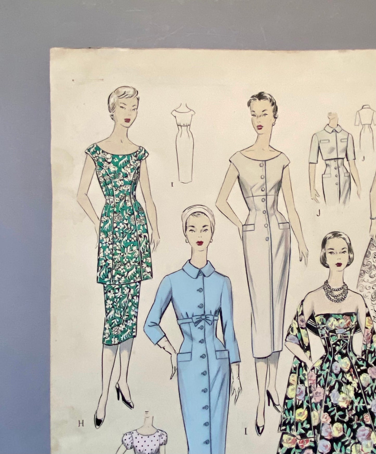 A Large Hand Drawn and Hand Painted Fashion Illustration. Spanish. From Barcelona. 1957 - 58. Size: 52 x 41.5 cms.