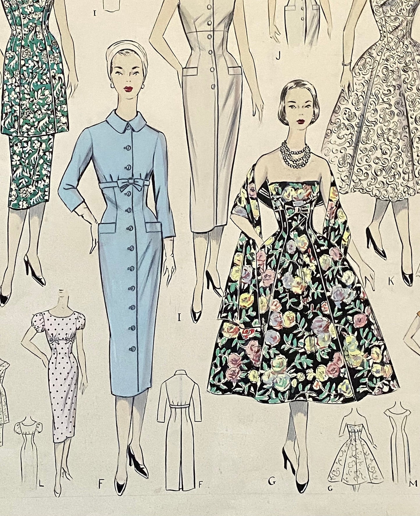 A Large Hand Drawn and Hand Painted Fashion Illustration. Spanish. From Barcelona. 1957 - 58. Size: 52 x 41.5 cms.
