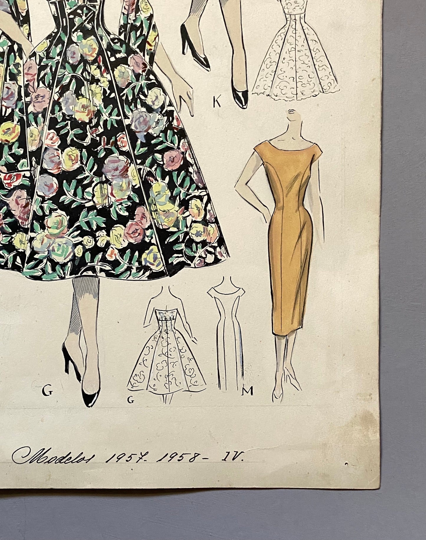 A Large Hand Drawn and Hand Painted Fashion Illustration. Spanish. From Barcelona. 1957 - 58. Size: 52 x 41.5 cms.