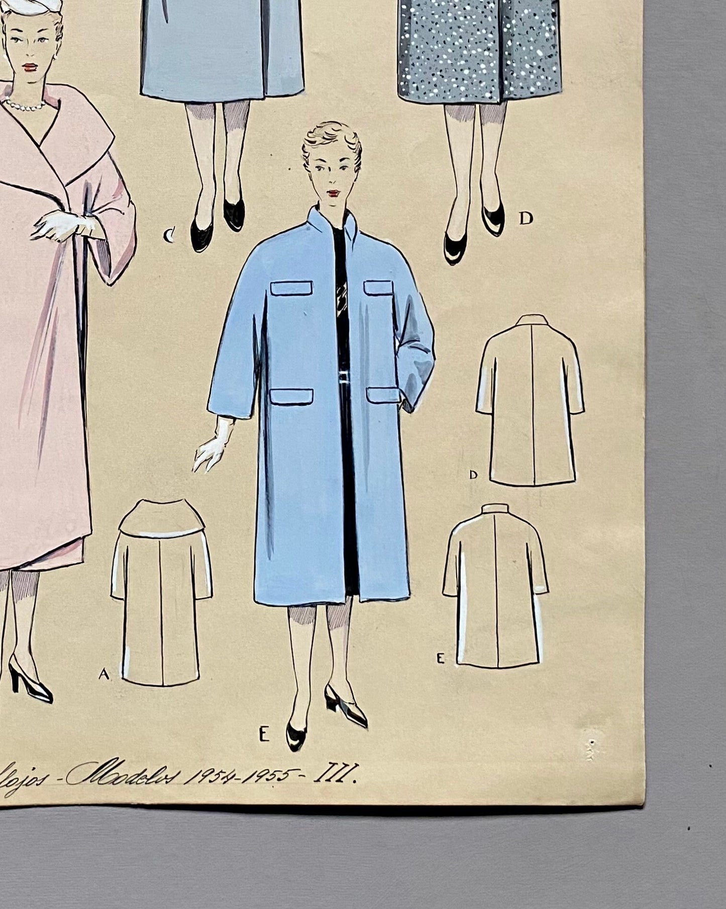 A Large Hand Drawn and Hand Painted Fashion Illustration. Featuring Coats. From Barcelona, Spain. 1954 -1955. Size: 50. 5 x 40.5 cms.