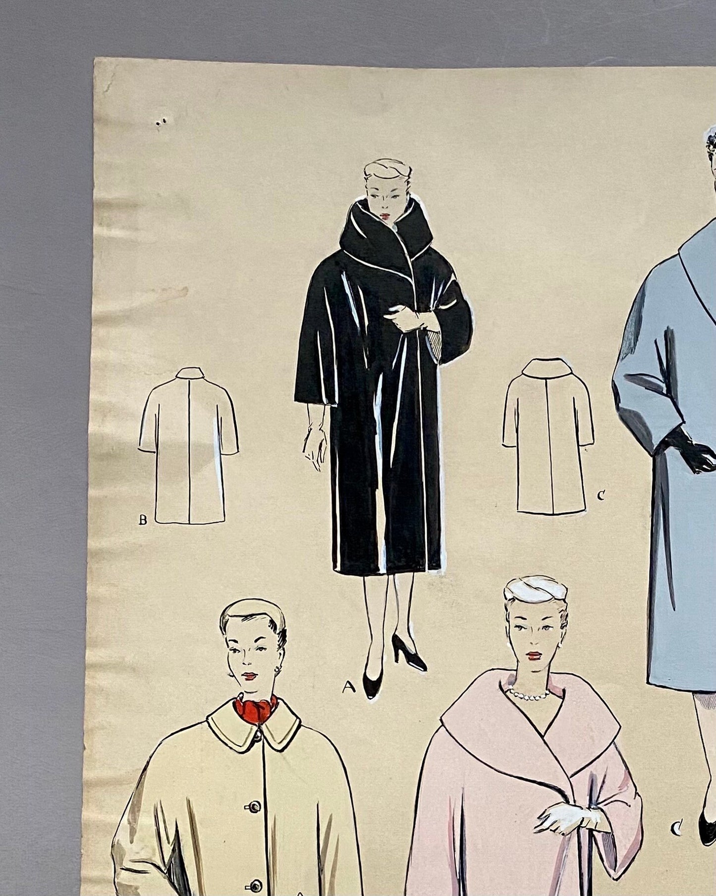 A Large Hand Drawn and Hand Painted Fashion Illustration. Featuring Coats. From Barcelona, Spain. 1954 -1955. Size: 50. 5 x 40.5 cms.