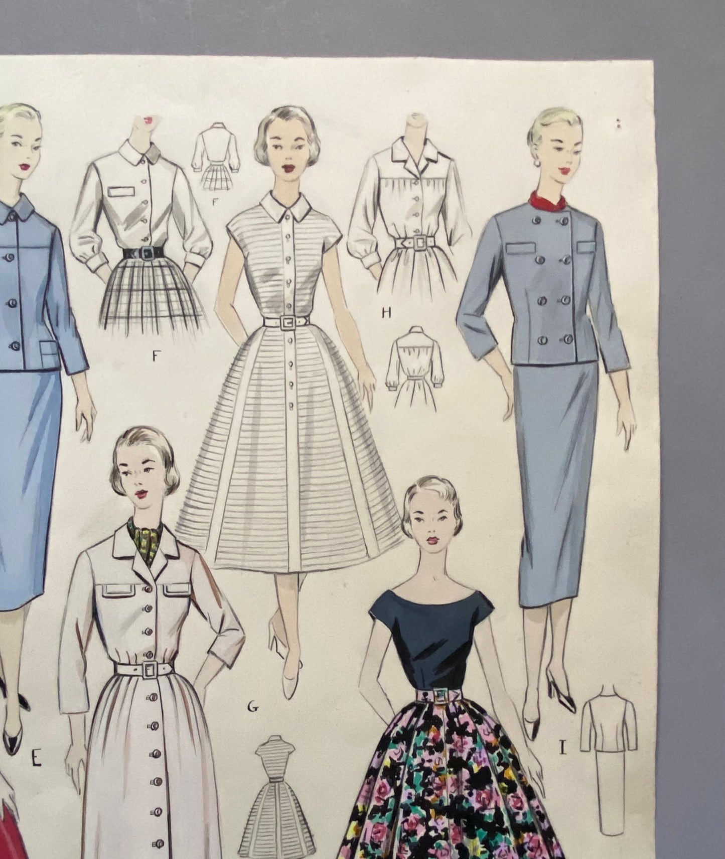 A Large Hand Drawn and Hand Painted Fashion Illustration. Spanish. From Barcelona. 1957 - 1958. Size: 52 x 41.5 cms.