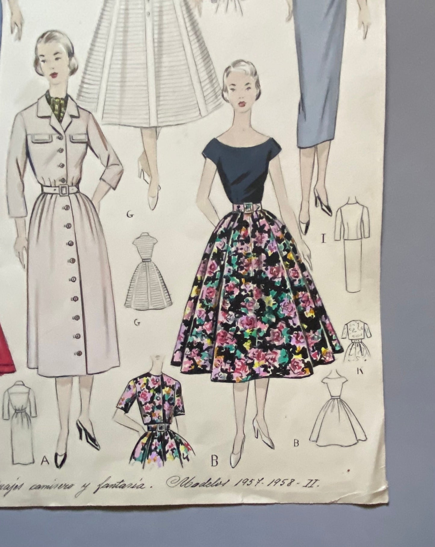 A Large Hand Drawn and Hand Painted Fashion Illustration. Spanish. From Barcelona. 1957 - 1958. Size: 52 x 41.5 cms.