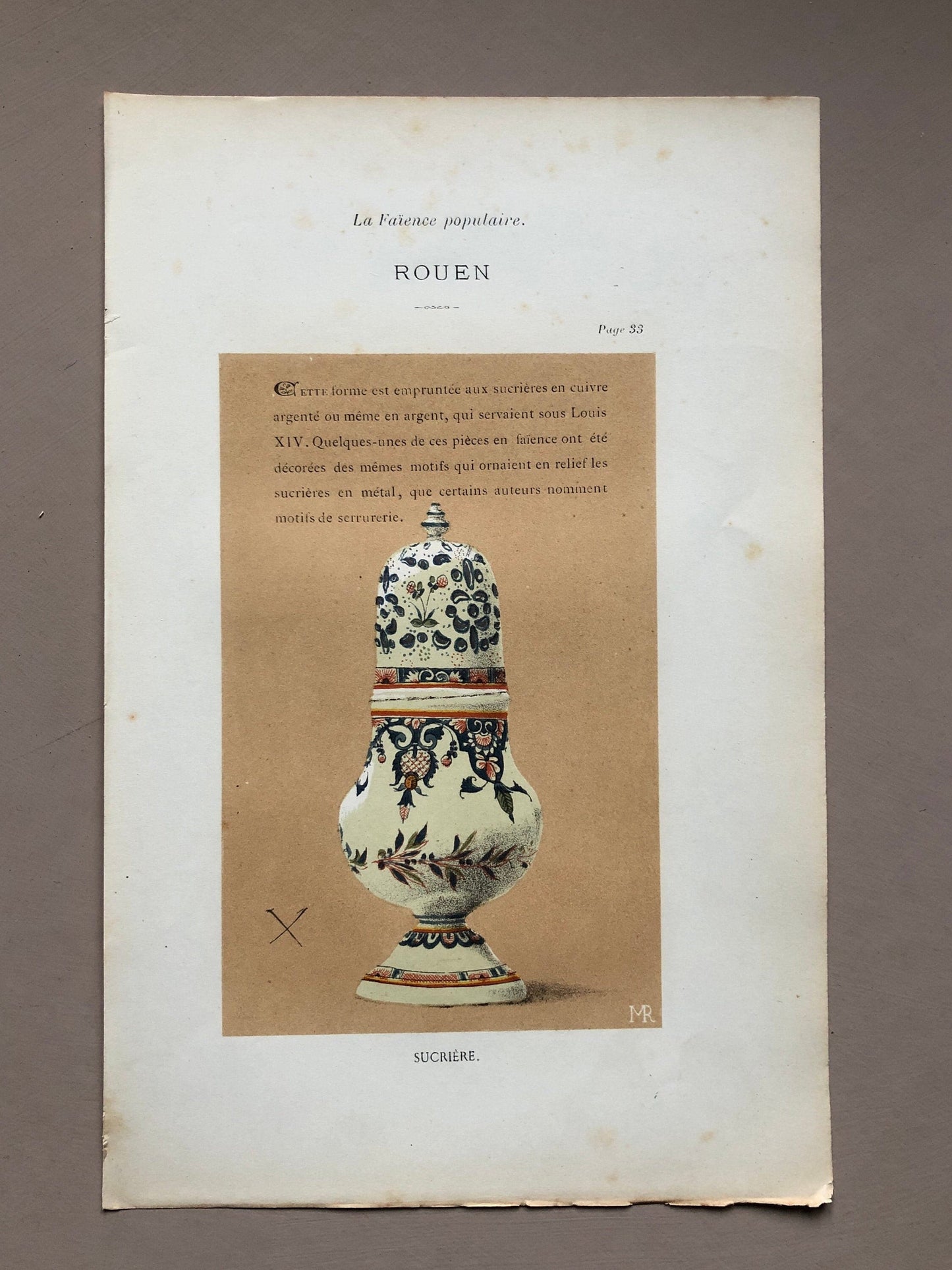 Rouen Faïence Pottery. An Original Lithograph From La Faïence Populaire au XVIII Siecle by Mareschal. Dated 1872. Size: 26.7 x 17.2 cms.