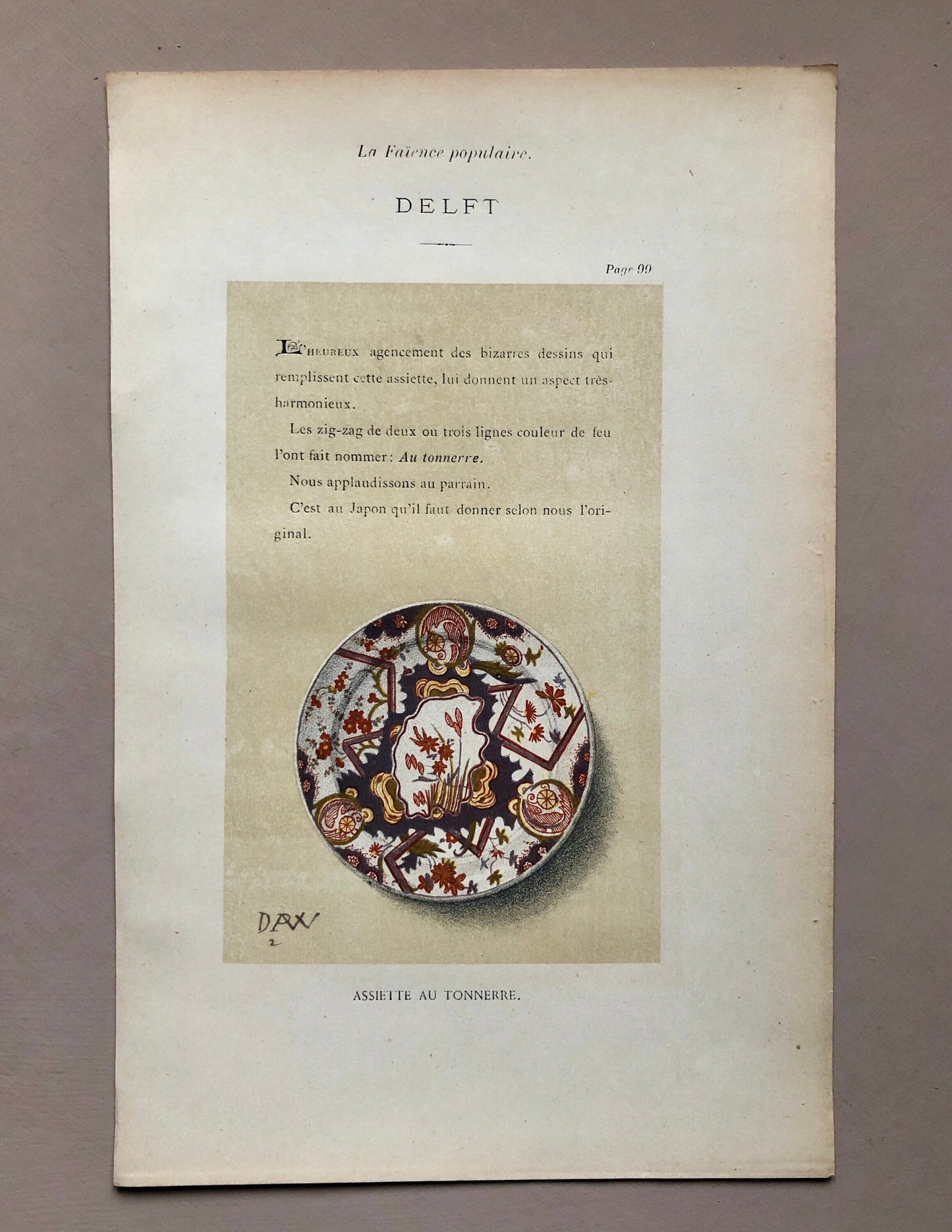 Delft Pottery. A Lithograph From La Faïence Populaire au XVIII Siecle by Mareschal. Dated 1872. Size: 26.7 x 17.2 cms.