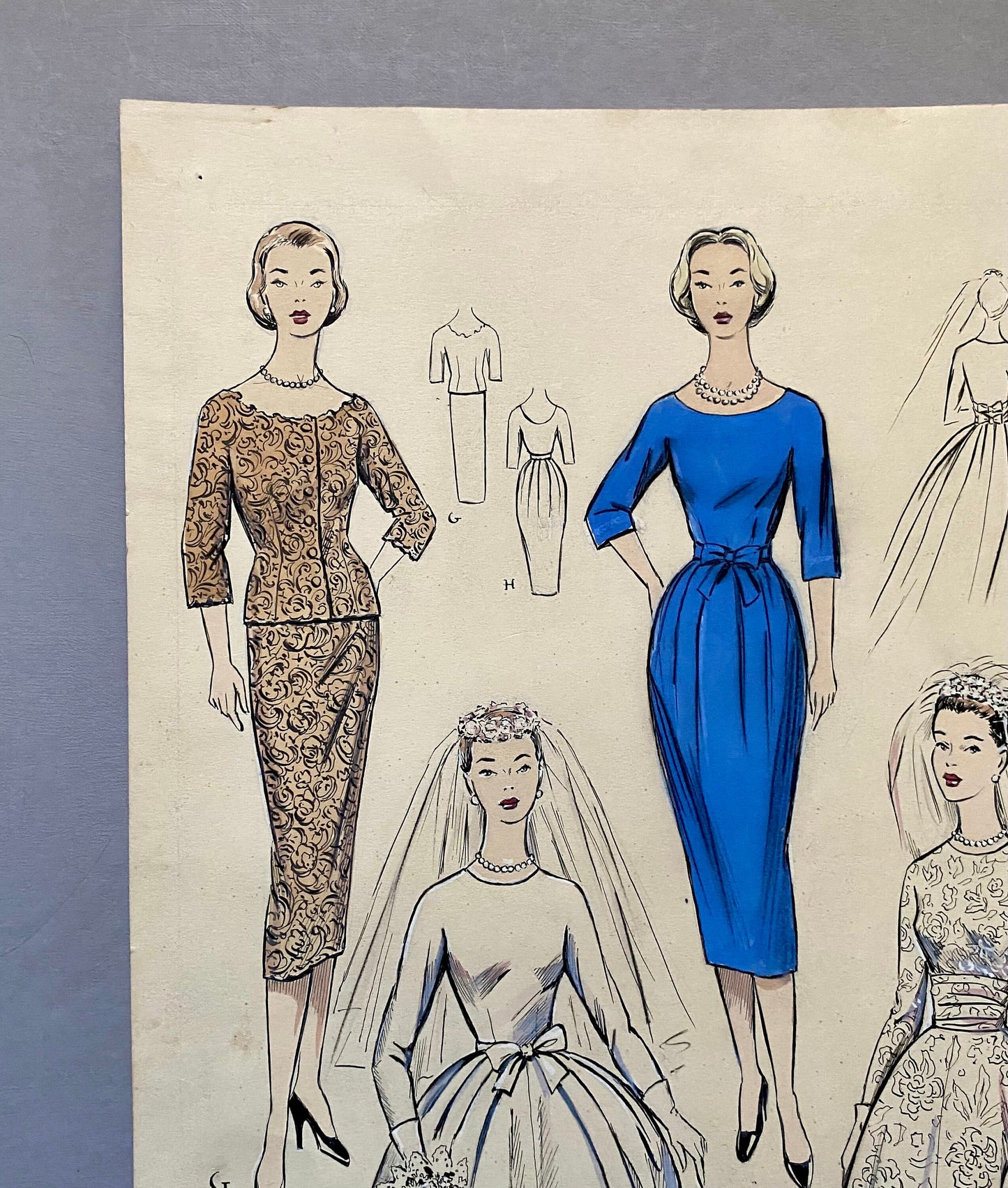 A Large Hand Drawn and Hand Painted Fashion Illustration. Spanish. Barcelona. 1957 - 58. Size: 52 x 41 cms.
