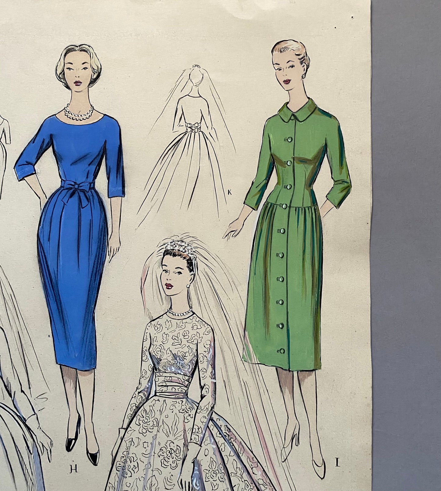 A Large Hand Drawn and Hand Painted Fashion Illustration. Spanish. Barcelona. 1957 - 58. Size: 52 x 41 cms.