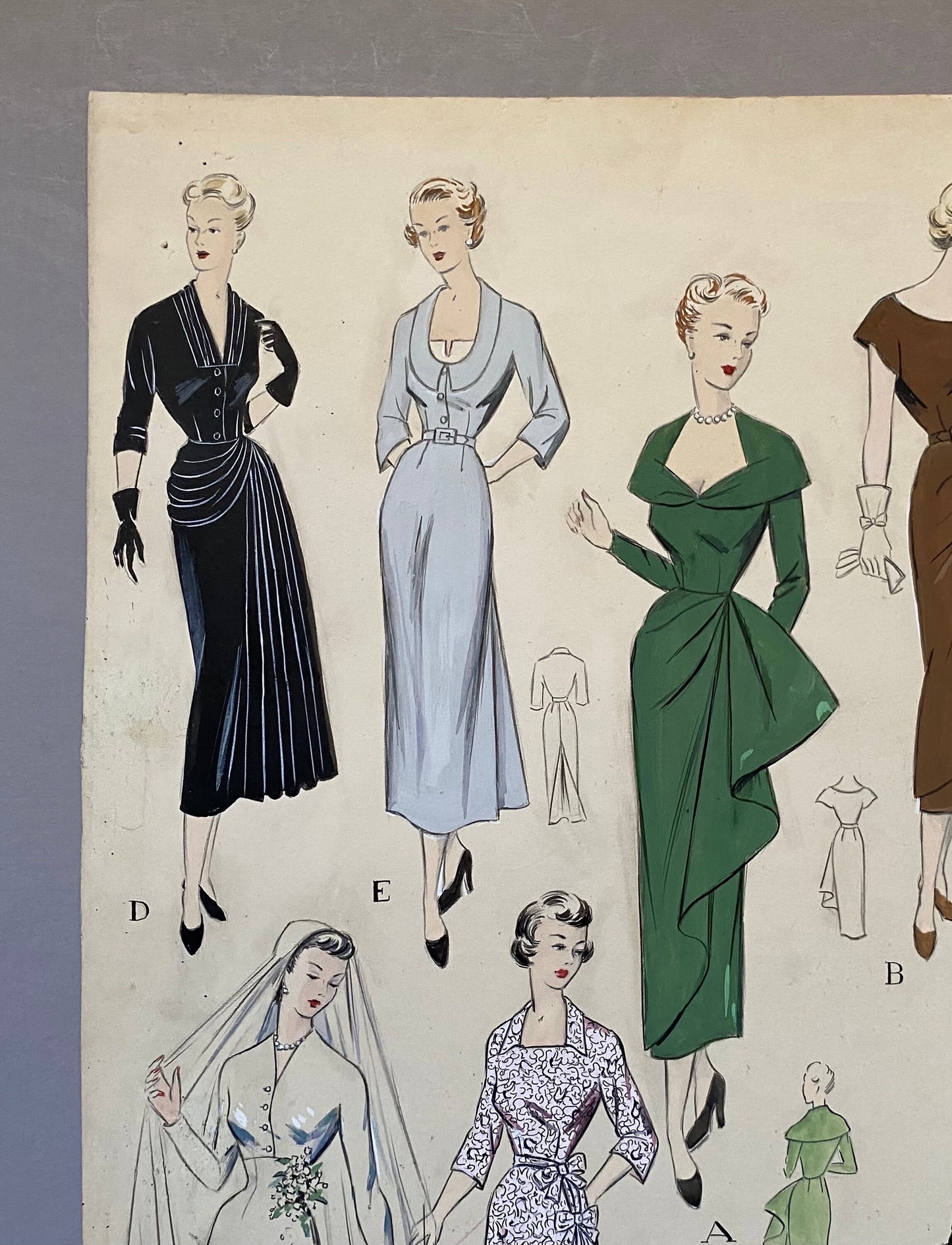 A Large Hand Drawn and Hand Painted Fashion Illustration. From Barcelona, Spain. 1949 - 1950. Size: 51 x 38 cms.