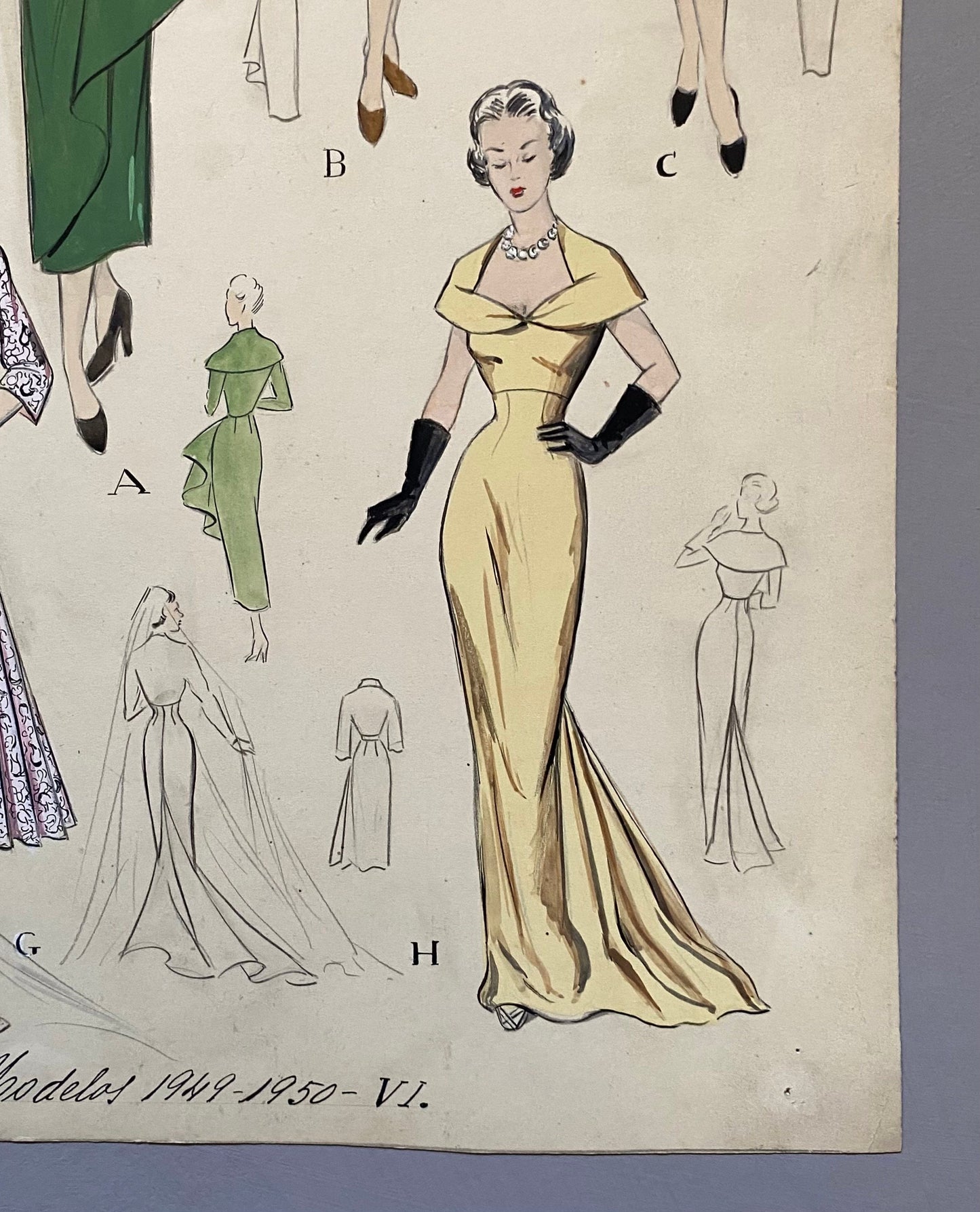 A Large Hand Drawn and Hand Painted Fashion Illustration. From Barcelona, Spain. 1949 - 1950. Size: 51 x 38 cms.
