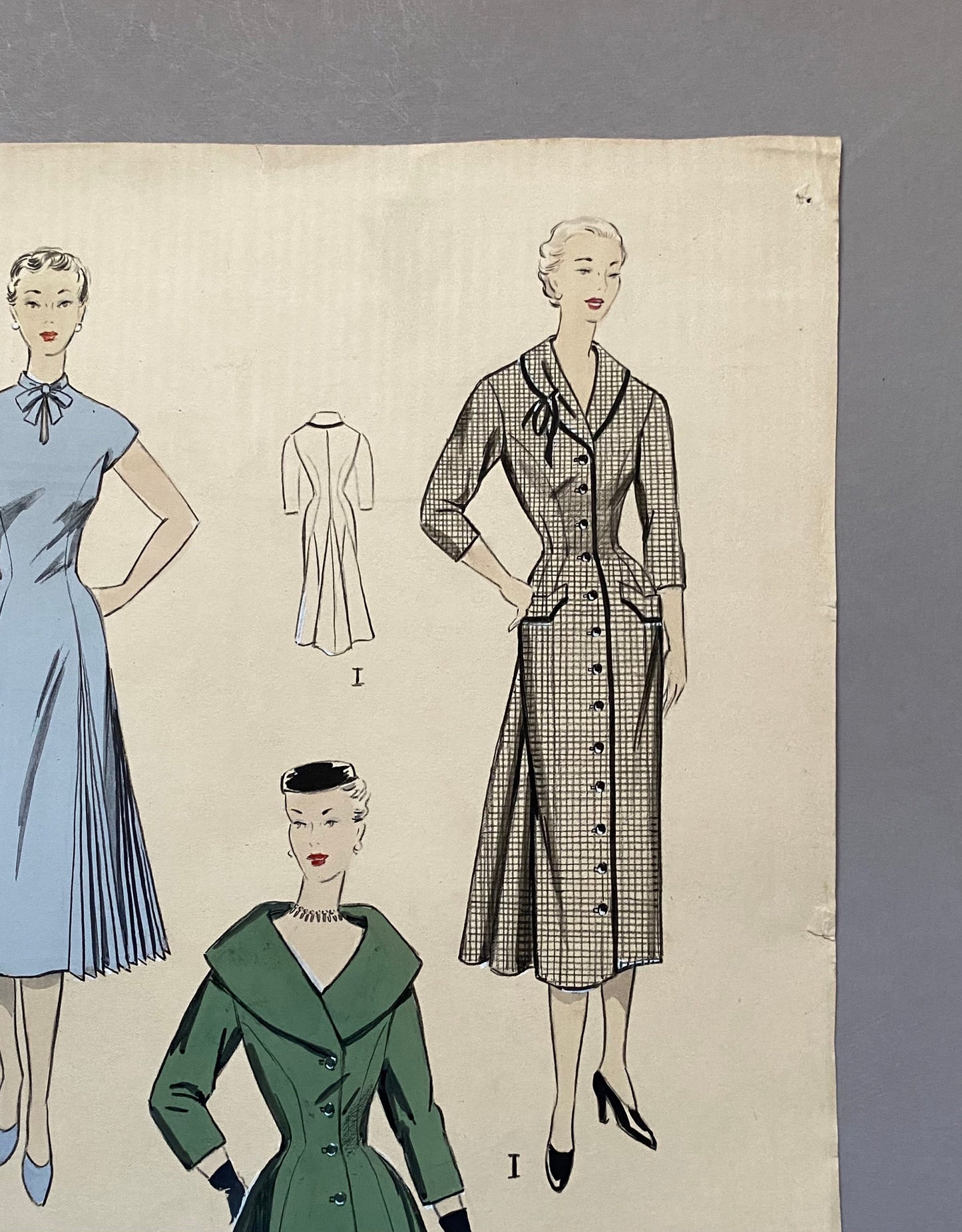 A Large Hand Drawn and Hand Painted Fashion Illustration. From Barcelona, Spain. 1955. Size: 50.5 x 40.5 cms.