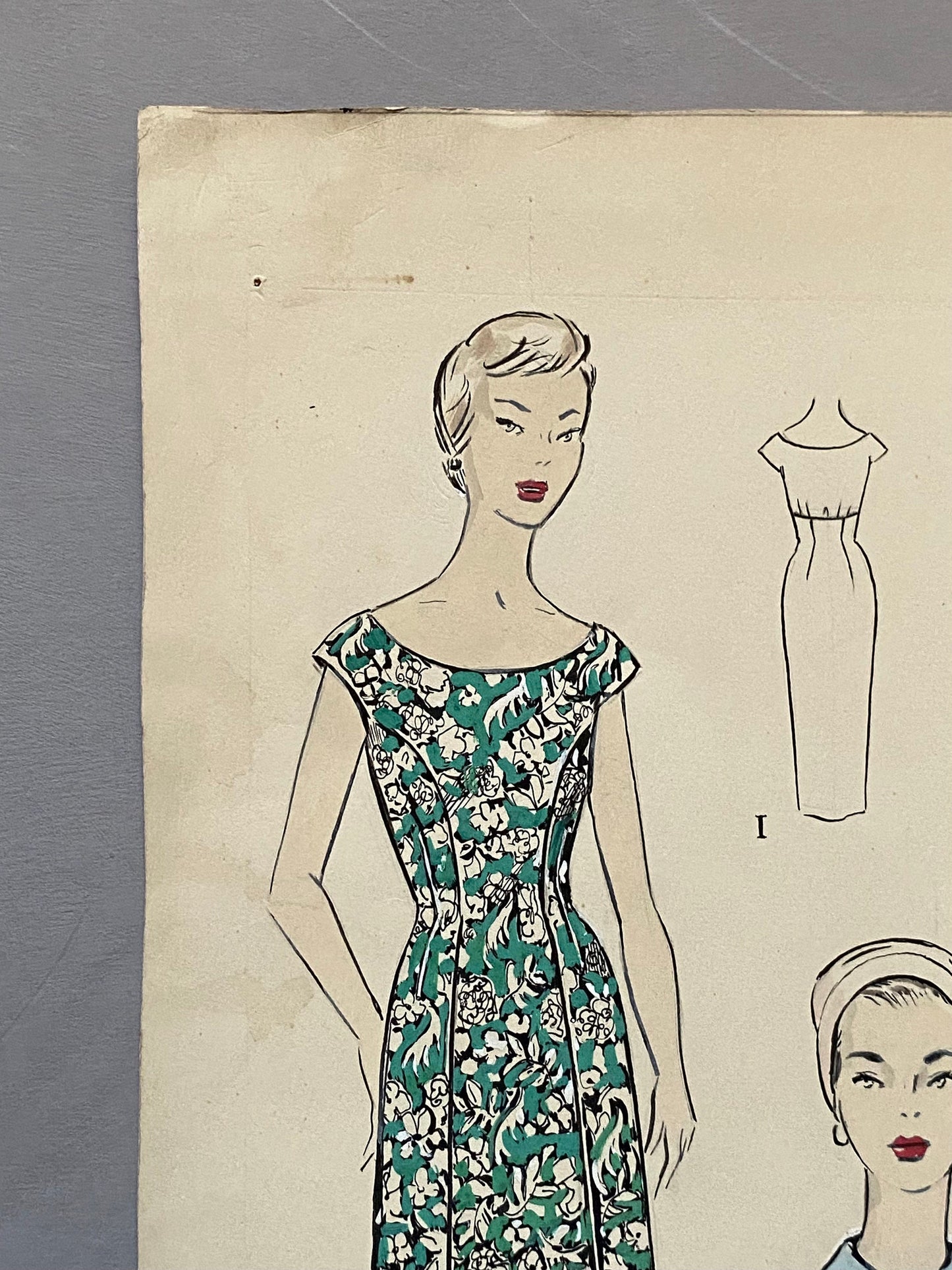A Large Hand Drawn and Hand Painted Fashion Illustration. Spanish. From Barcelona. 1957 - 58. Size: 52 x 41.5 cms.