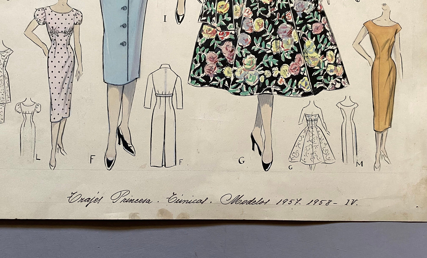 A Large Hand Drawn and Hand Painted Fashion Illustration. Spanish. From Barcelona. 1957 - 58. Size: 52 x 41.5 cms.