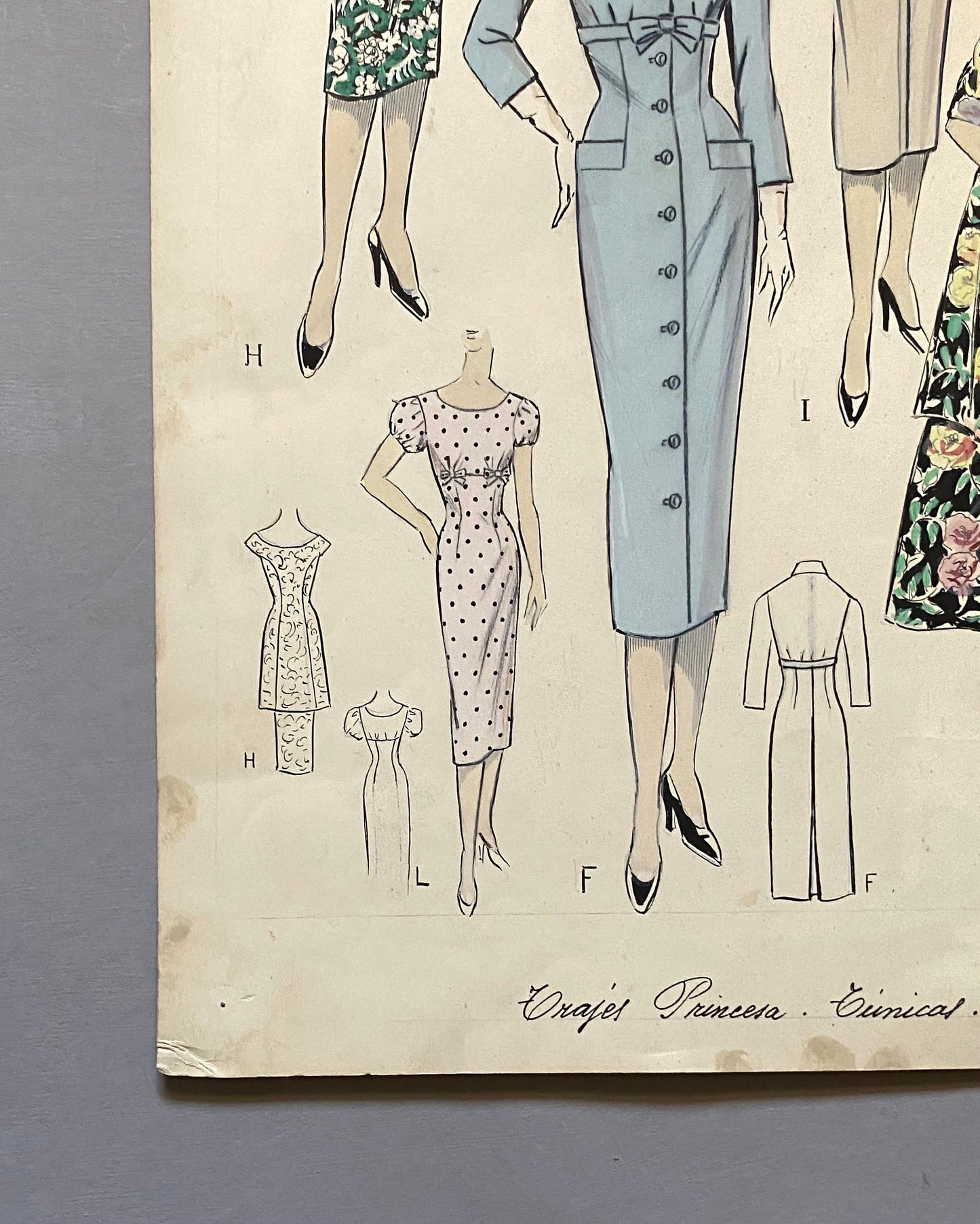 A Large Hand Drawn and Hand Painted Fashion Illustration. Spanish. From Barcelona. 1957 - 58. Size: 52 x 41.5 cms.