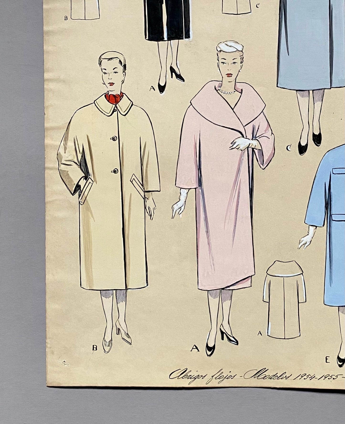 A Large Hand Drawn and Hand Painted Fashion Illustration. Featuring Coats. From Barcelona, Spain. 1954 -1955. Size: 50. 5 x 40.5 cms.