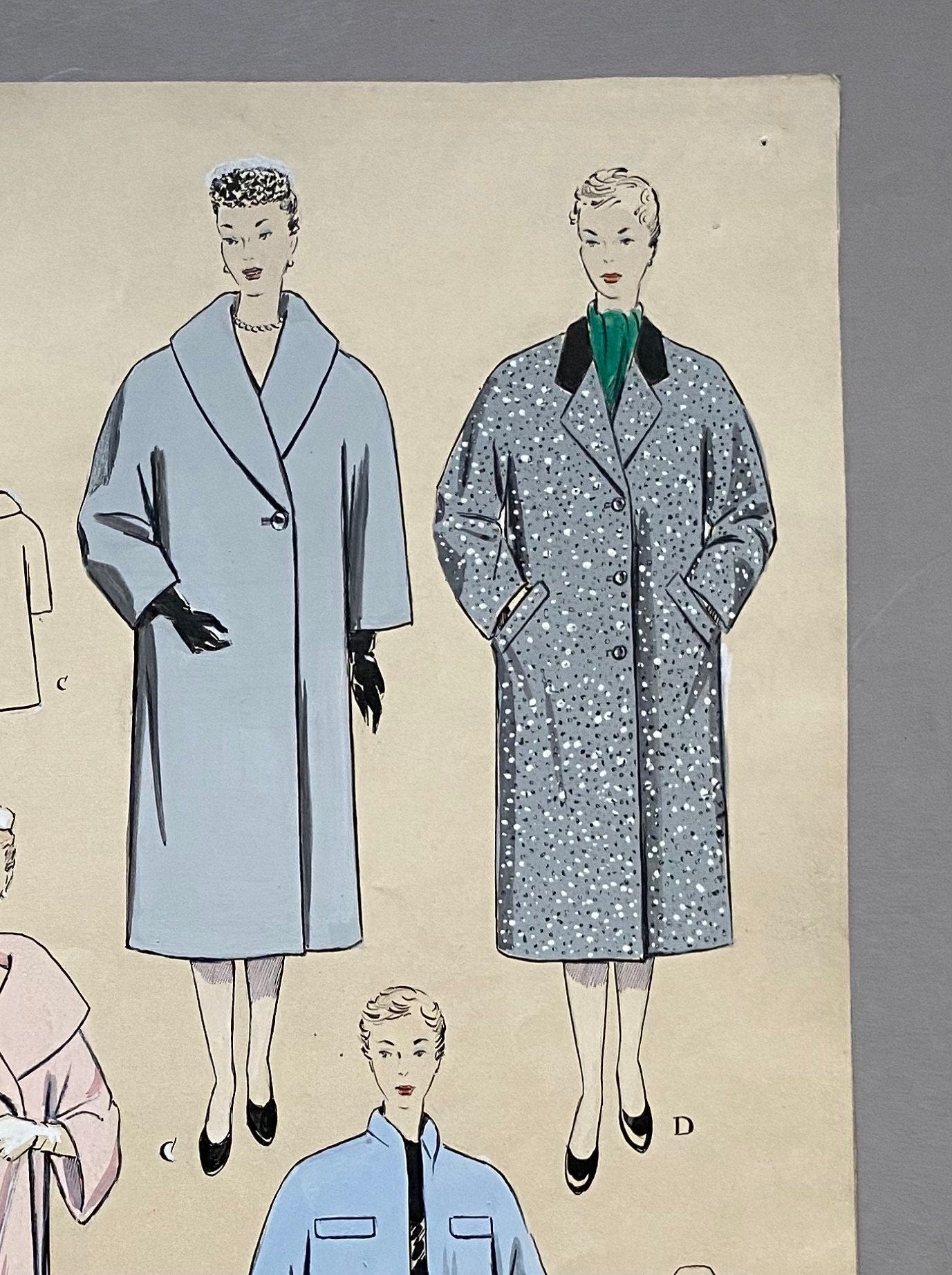 A Large Hand Drawn and Hand Painted Fashion Illustration. Featuring Coats. From Barcelona, Spain. 1954 -1955. Size: 50. 5 x 40.5 cms.