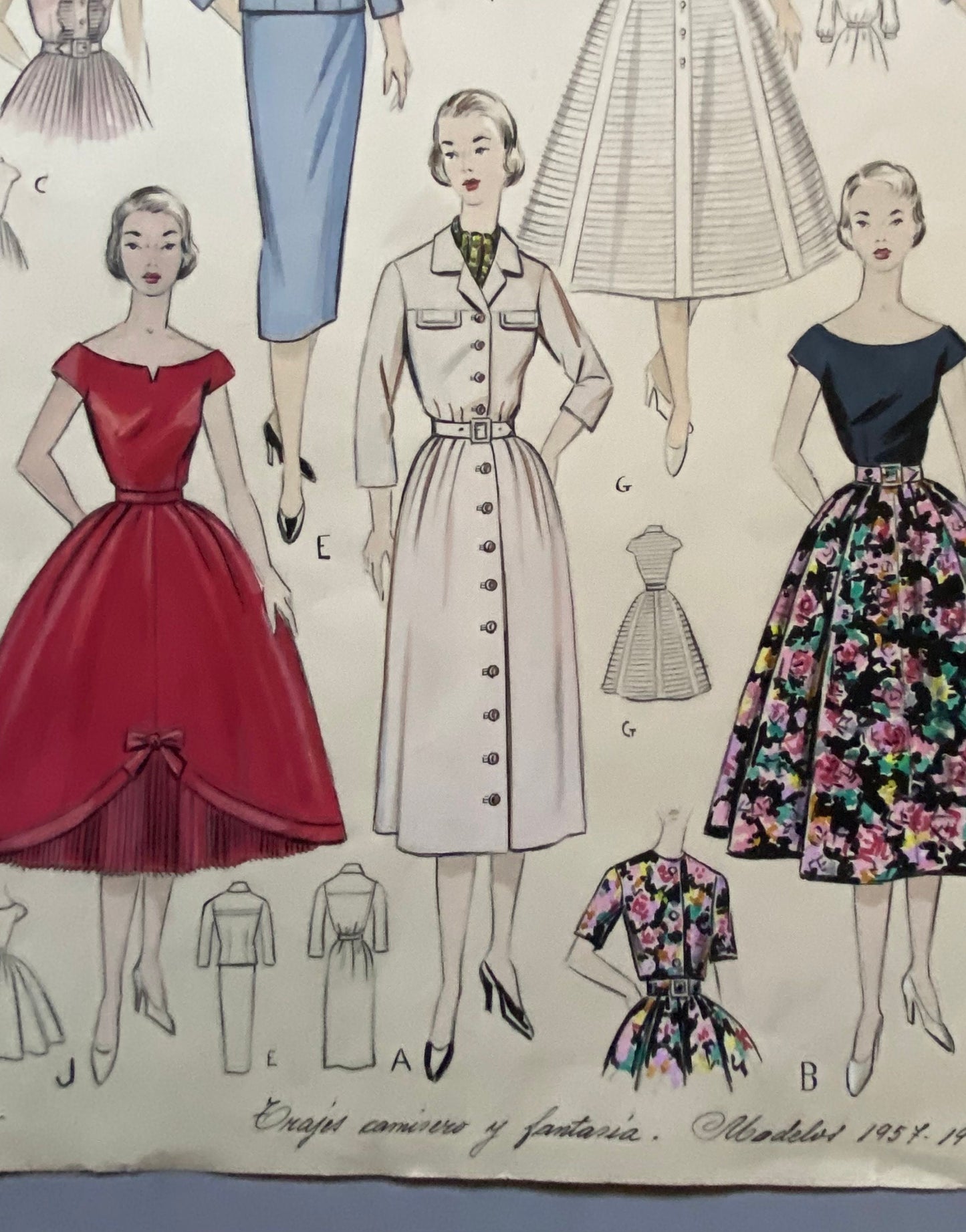 A Large Hand Drawn and Hand Painted Fashion Illustration. Spanish. From Barcelona. 1957 - 1958. Size: 52 x 41.5 cms.