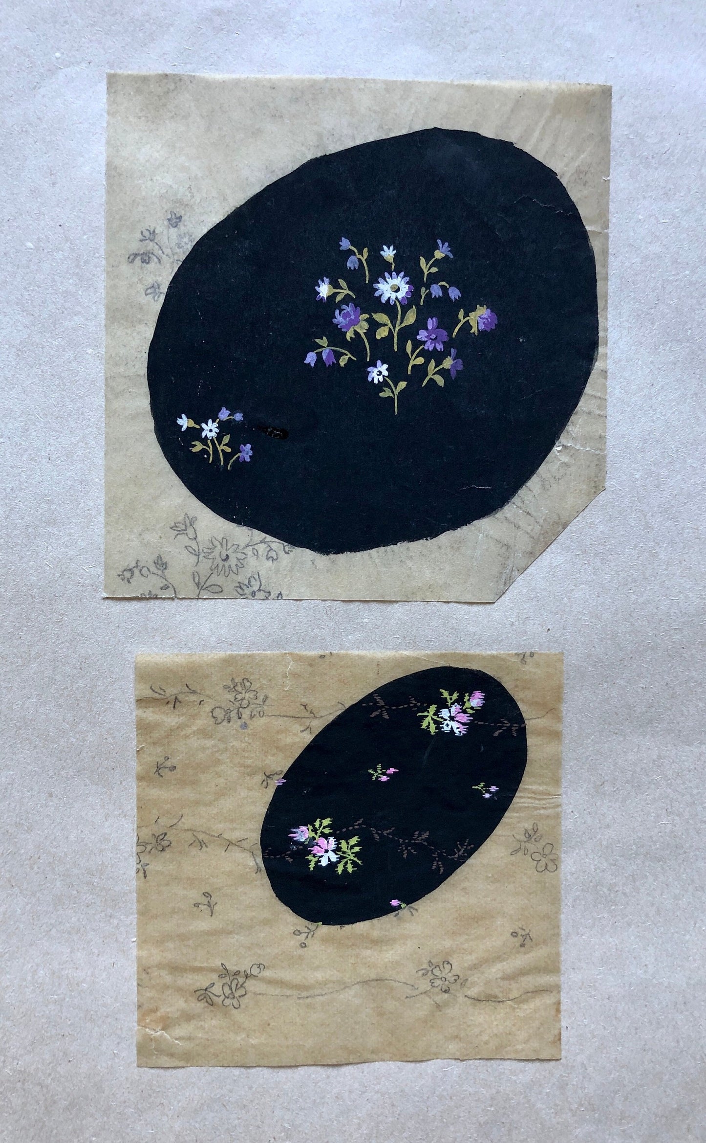 Two Original Hand Painted Antique French Textile Designs. Produced in Lyon in 1911. Size: 9 x 8.7 cms and 7.2 x 7.4 cms.
