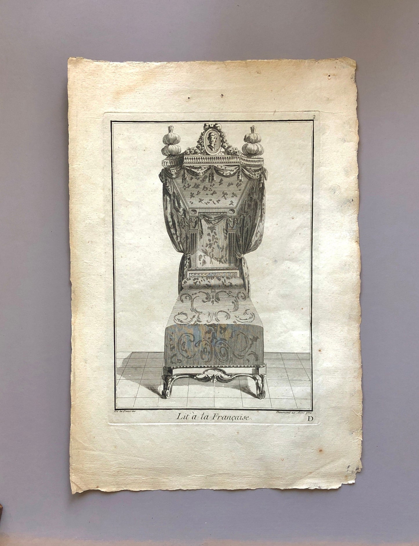 Lit à la Francaise. A Copper plate Etching From Ameublement by Jean de la Fosse. Circa 1771. Size: 46 x 31 cms.