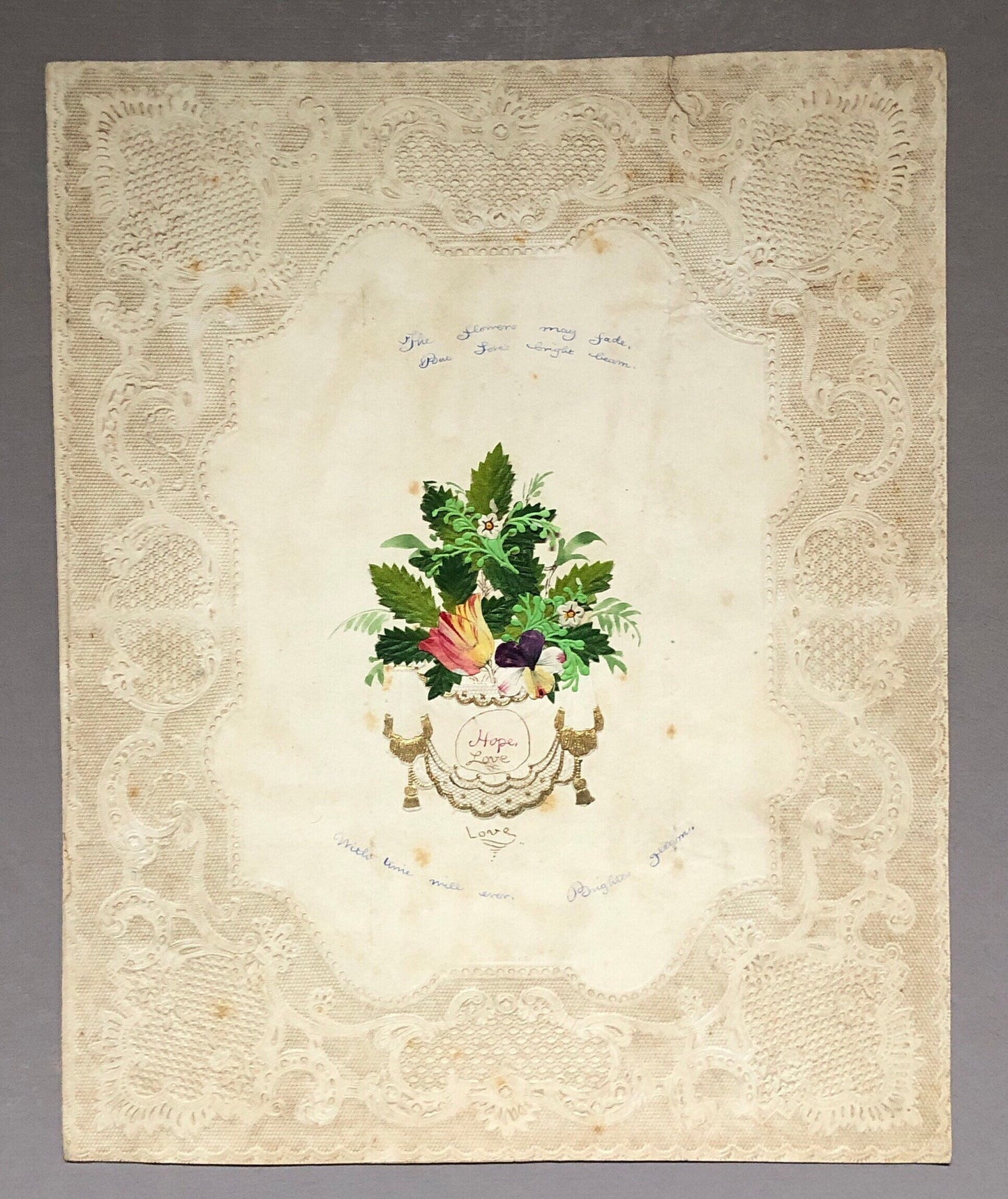 An Original Georgian Découpage. Watercolour Leaves and Flowers on An Embossed Paper Ground. Size: 23 x 19 cms.