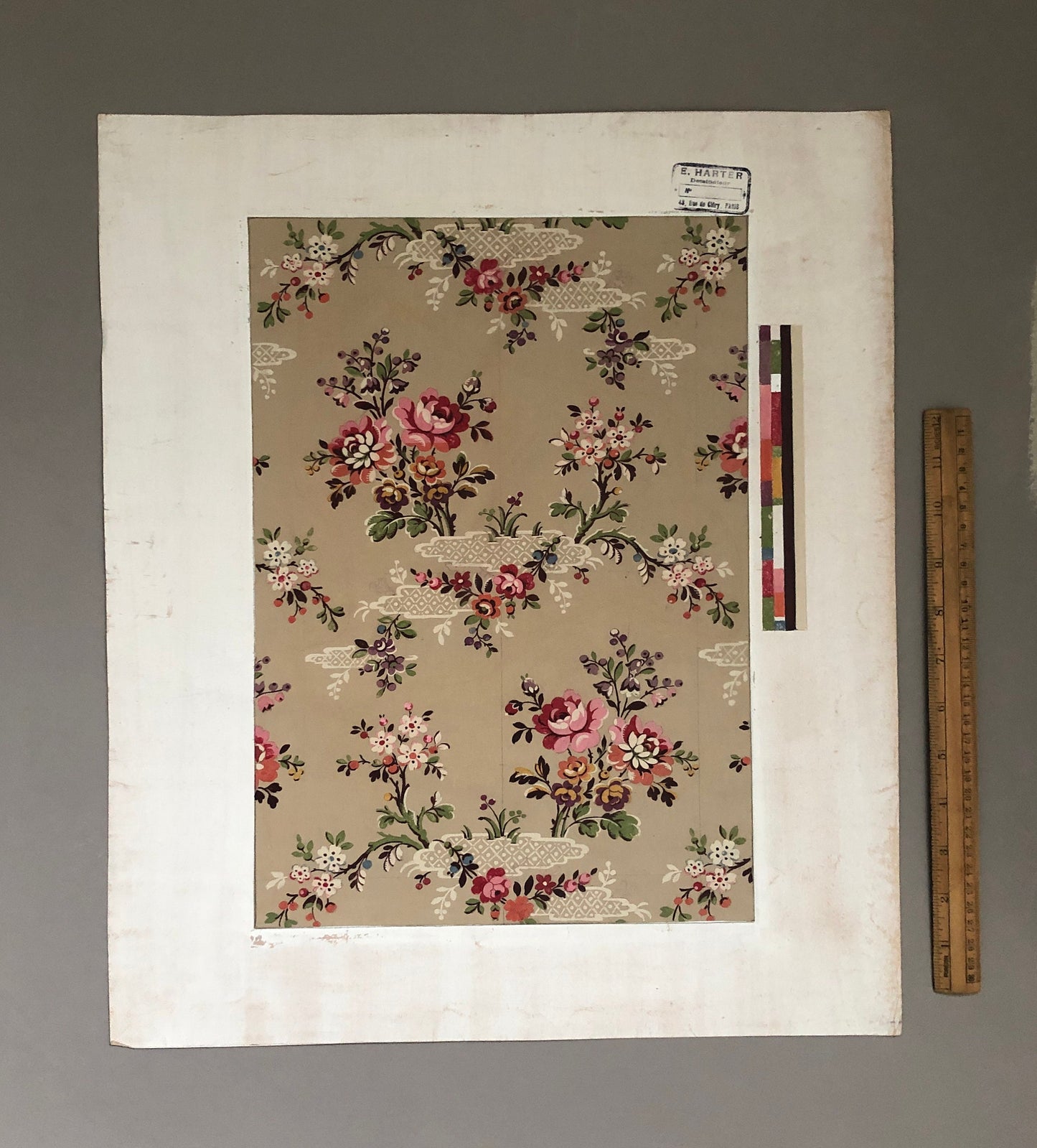 An Original Textile Design From Paris,France. Hand Drawn and Painted. Chinoiserie pattern. Pink roses. Late 19th Century. Size: 49 x 42 cms.