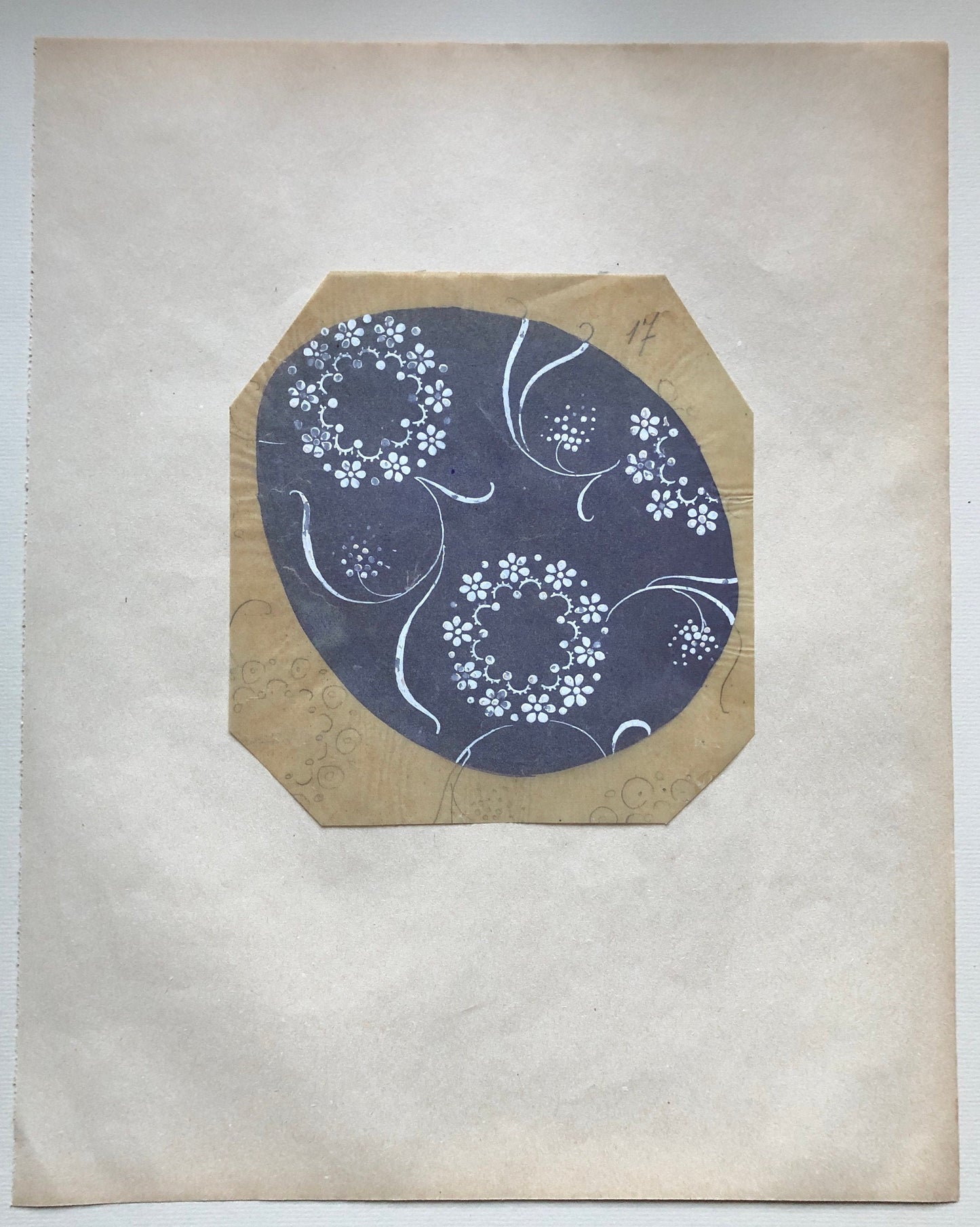 An Original Hand Painted Antique French Textile Design. Blue Grey Ground & White Flowers. Produced in Lyon in 1911. Size: 15.5 x 14.5 cms.