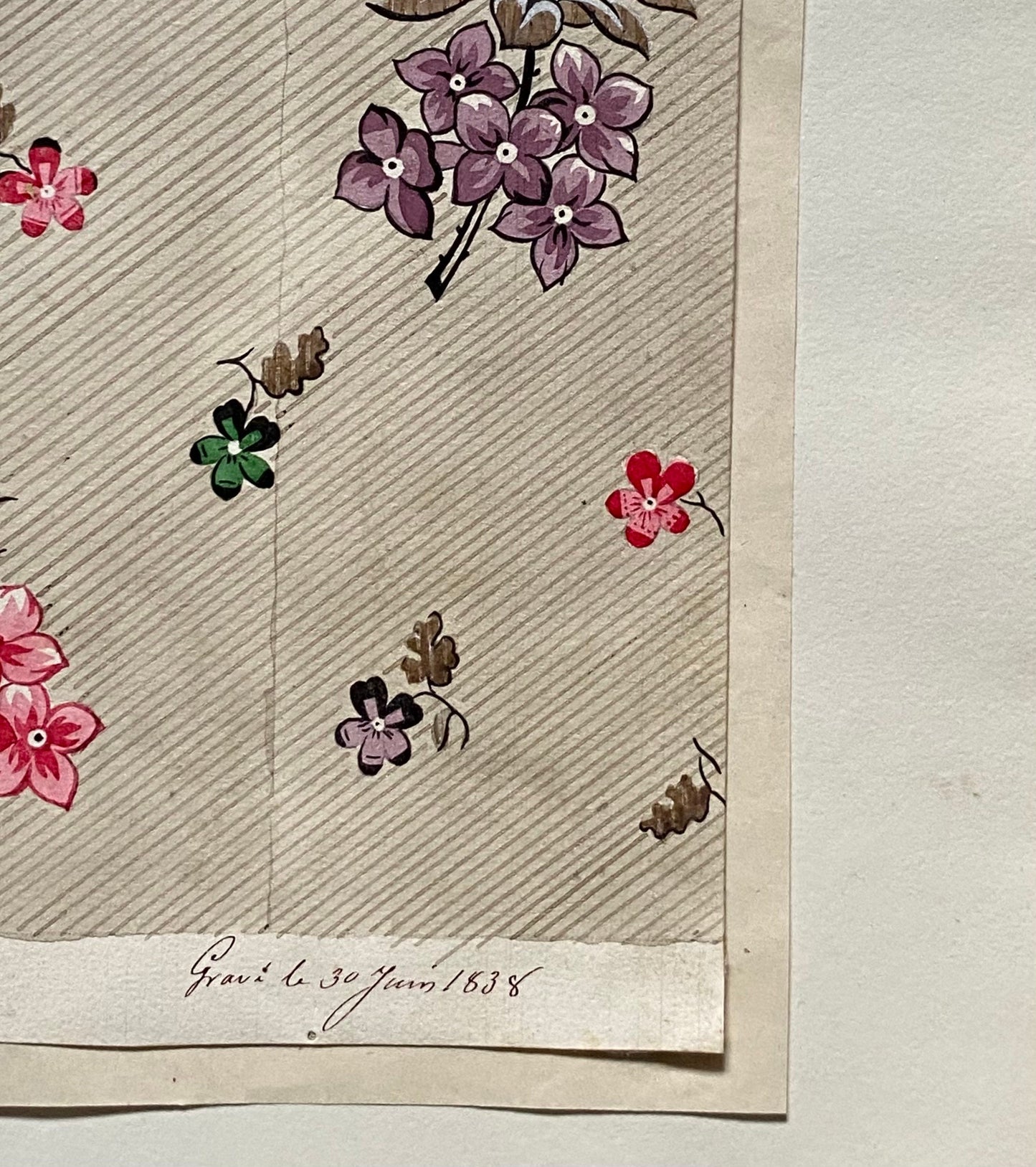 A Genuine 19th Century handpainted French Textile Design. Dated 1938. Mounted on Antique Paper. Size: 12 x 16 cm