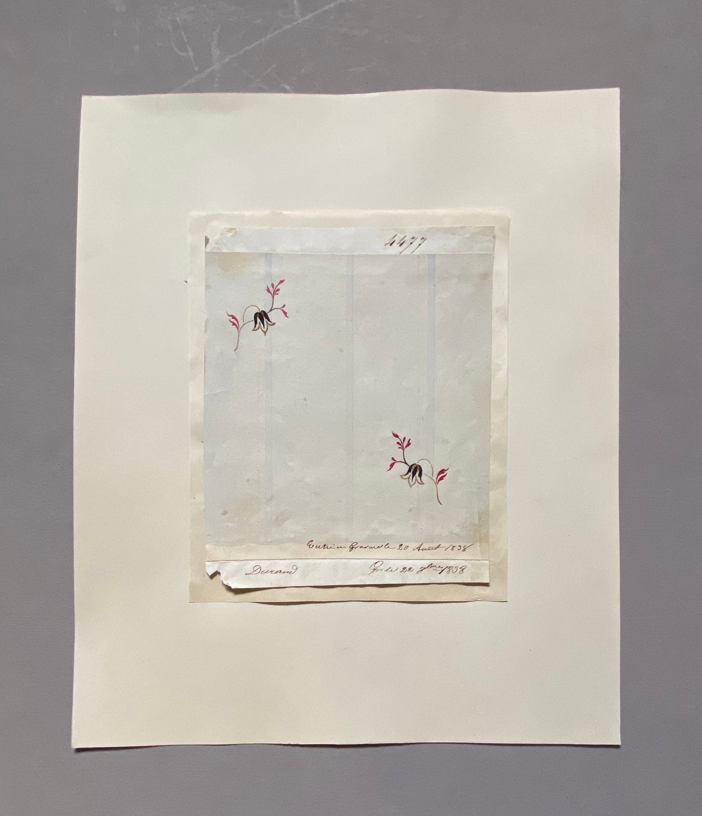 A Genuine 19th Century French Textile Design. Dated 1838. Mounted on Antique Paper. Size: 12.8 x 15.6 cms.