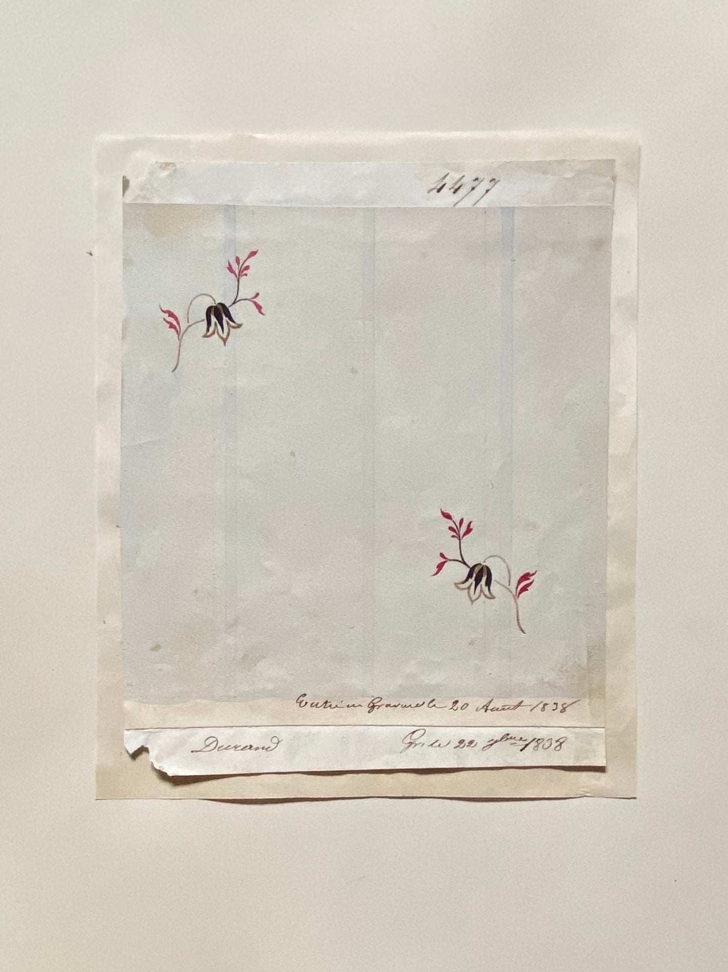 A Genuine 19th Century French Textile Design. Dated 1838. Mounted on Antique Paper. Size: 12.8 x 15.6 cms.