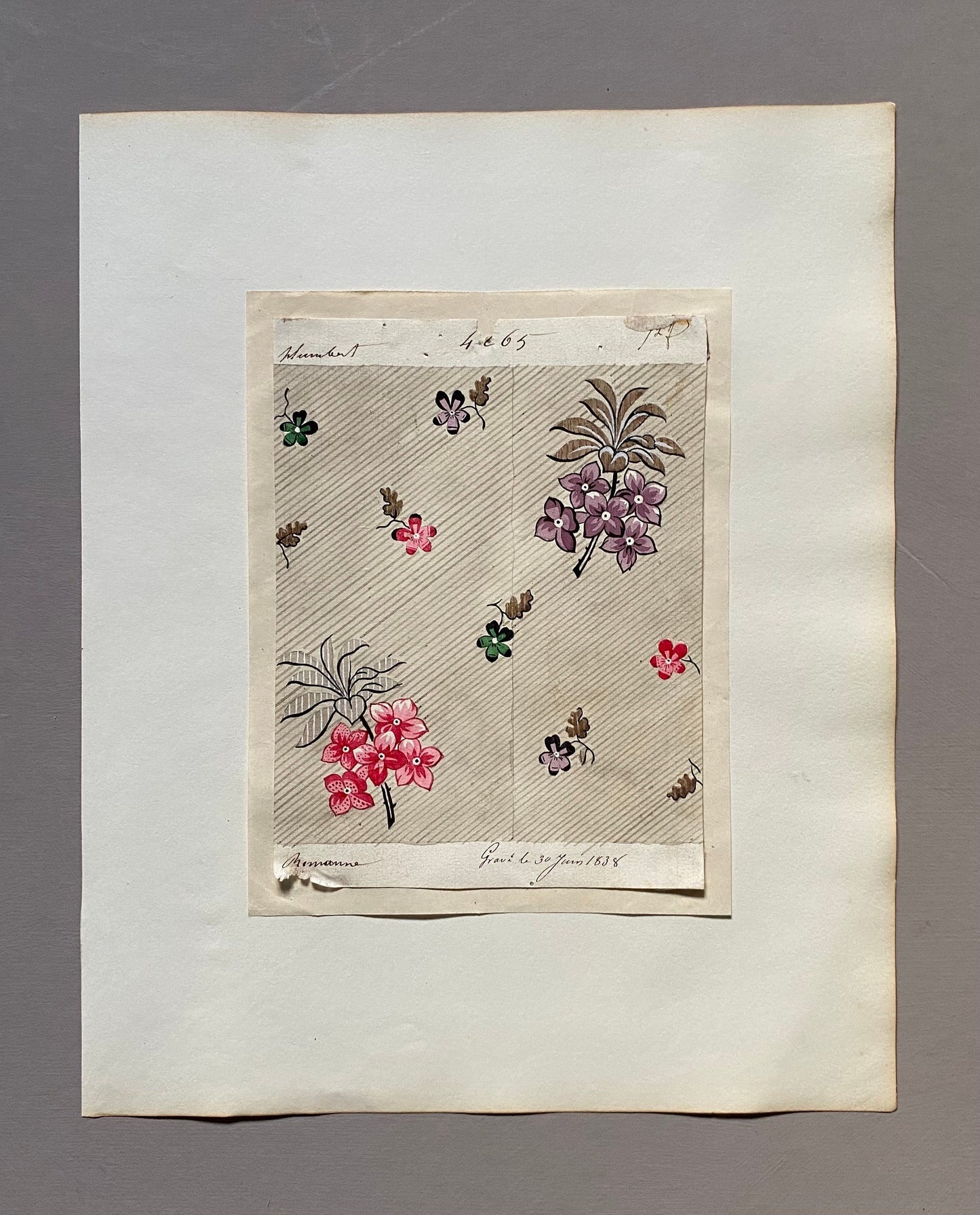 A Genuine 19th Century handpainted French Textile Design. Dated 1938. Mounted on Antique Paper. Size: 12 x 16 cm