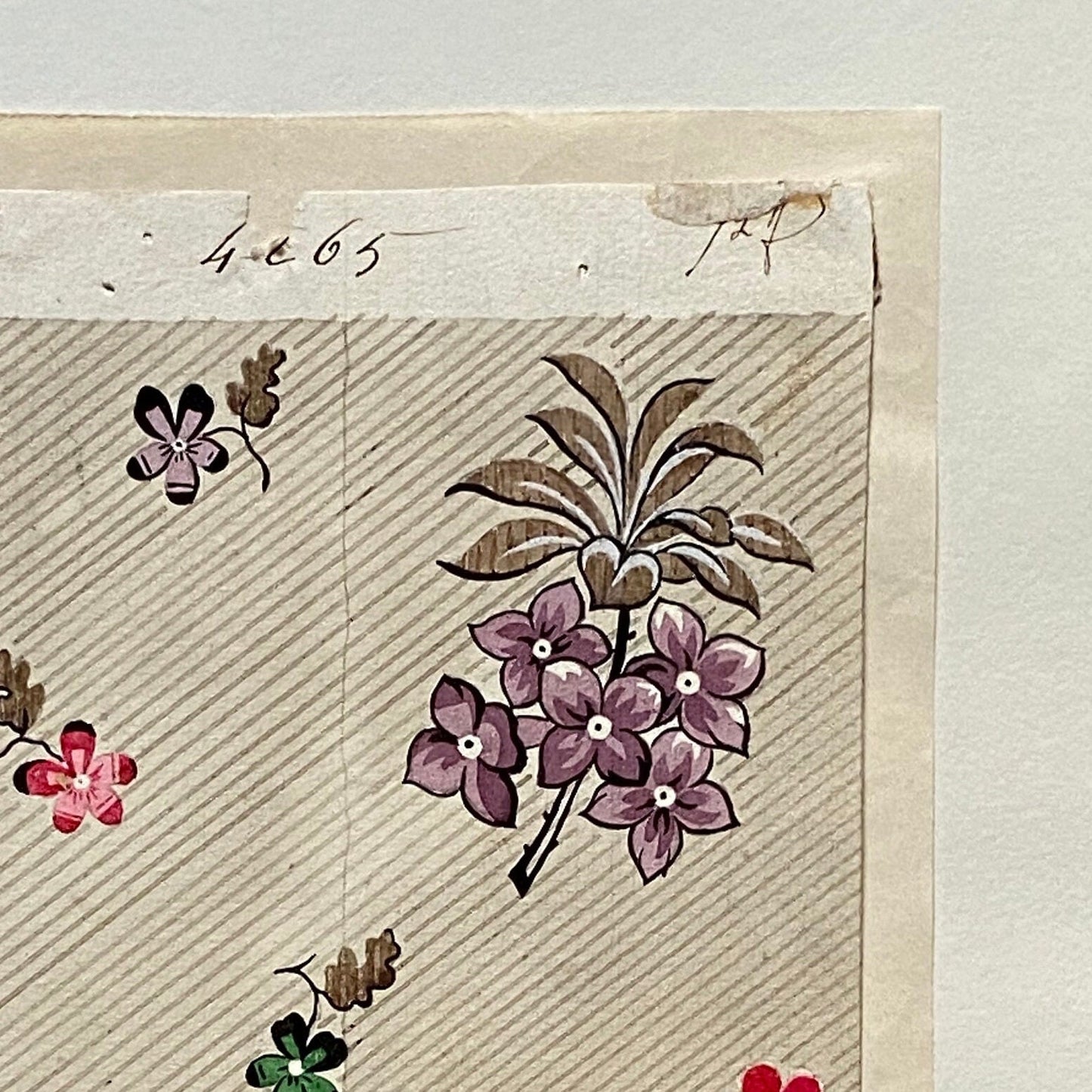 A Genuine 19th Century handpainted French Textile Design. Dated 1938. Mounted on Antique Paper. Size: 12 x 16 cm
