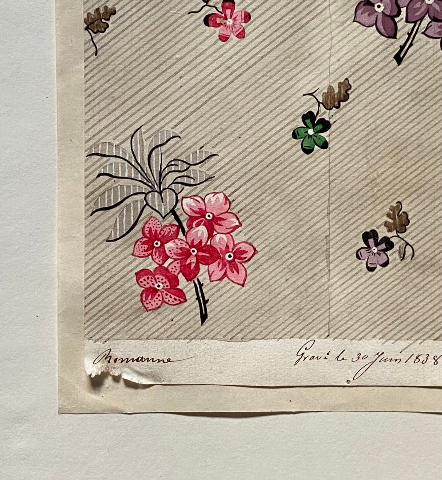 A Genuine 19th Century handpainted French Textile Design. Dated 1938. Mounted on Antique Paper. Size: 12 x 16 cm