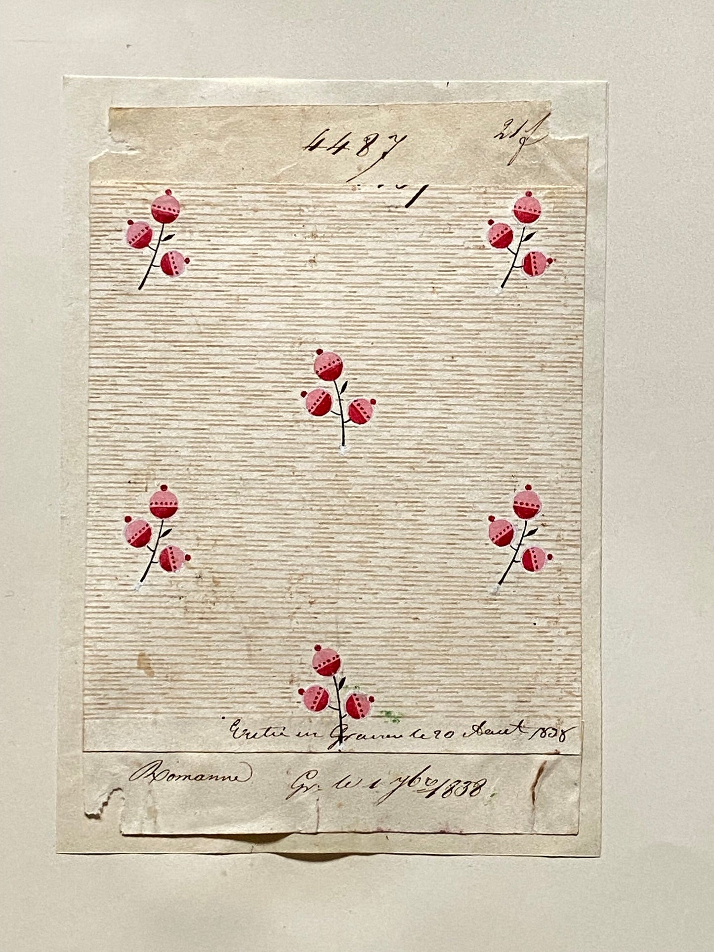 A Genuine 19th Century French Textile Design. Dated 1838. Mounted on Antique Paper. Size: 9.2 x 13.5 cms.