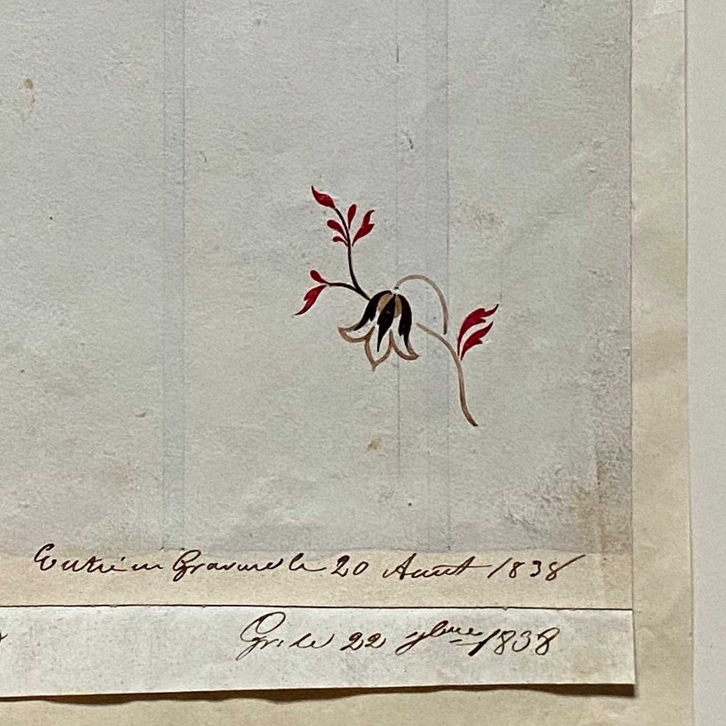 A Genuine 19th Century French Textile Design. Dated 1838. Mounted on Antique Paper. Size: 12.8 x 15.6 cms.