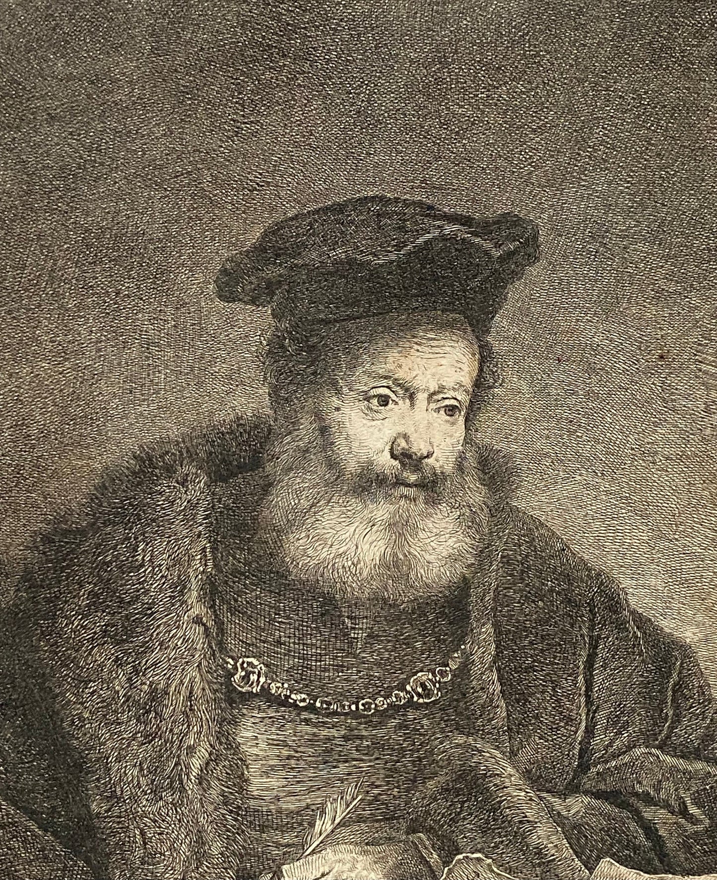 An Engraving of a Painting by Rembrandt Van Riijn (1606 - 1669) Entitled The Father of The Bride. Dated 1770. Size: 22.2 x 27 cms.