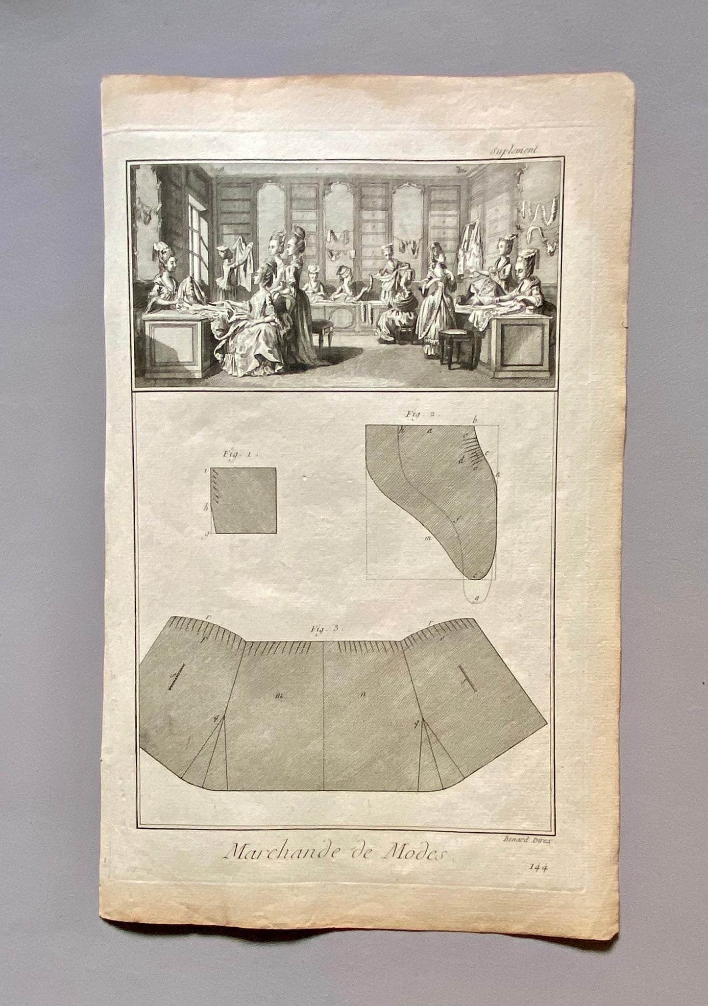 Couturier, Lingerie, The seller of Fashionable Clothes. Three antique Engravings From Diderot’s Encyclopedia. Dated 1751. Size: 24.5 x 40.