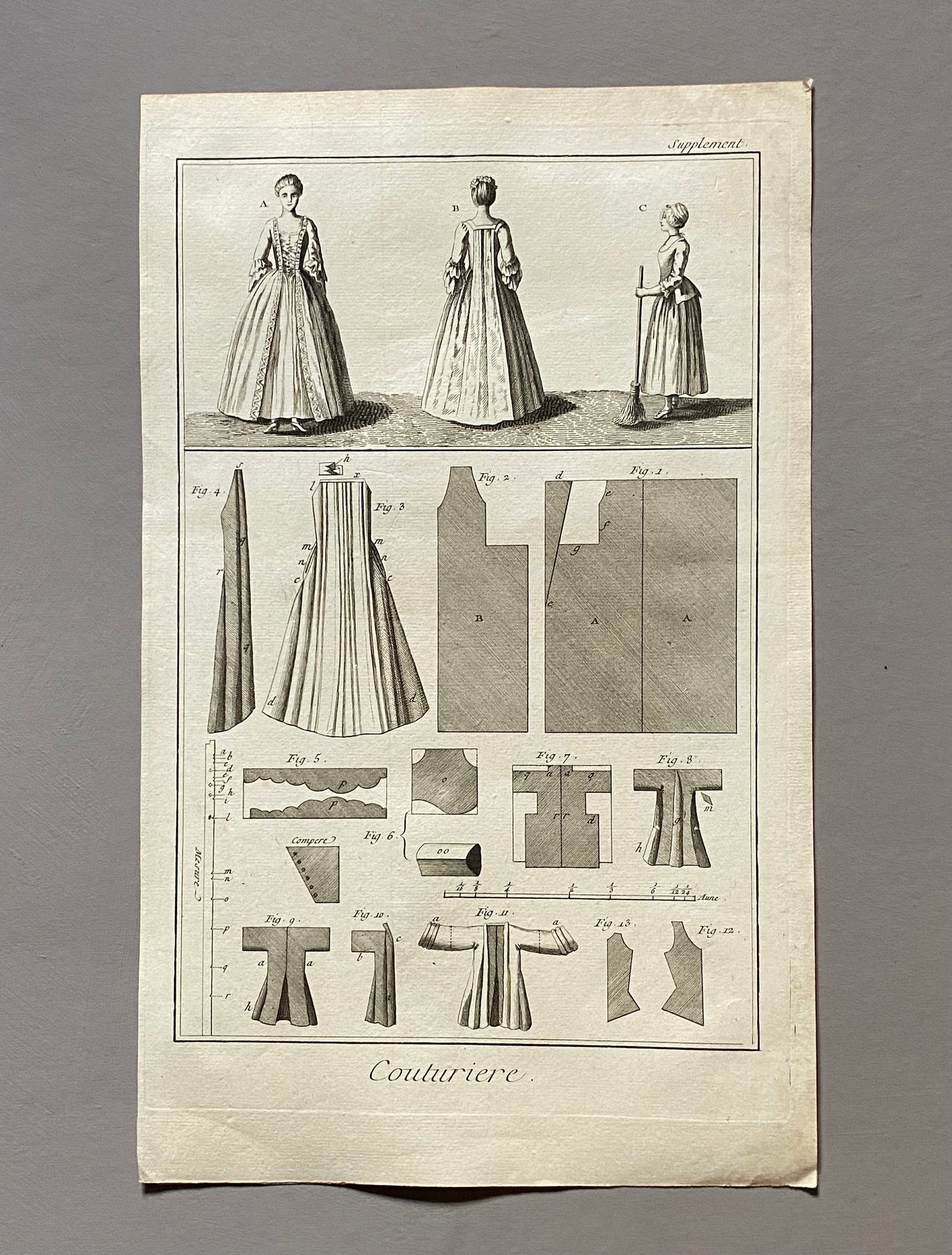 Couturier, Lingerie, The seller of Fashionable Clothes. Three antique Engravings From Diderot’s Encyclopedia. Dated 1751. Size: 24.5 x 40.