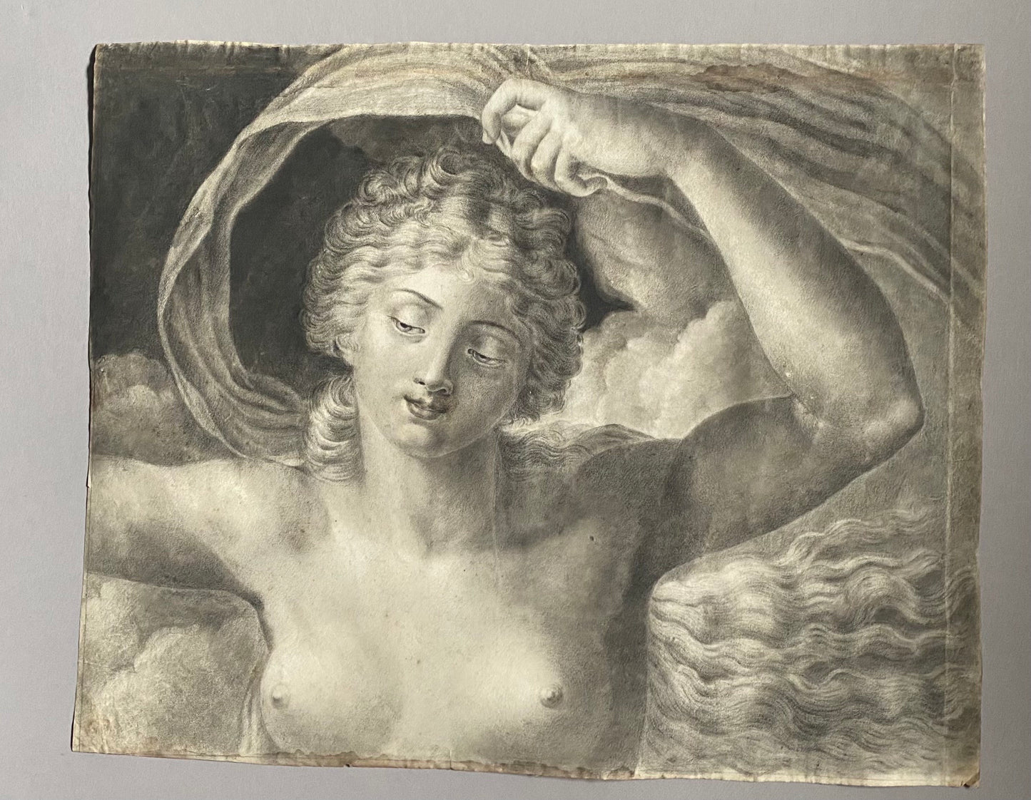 A Original Antigue Hand Drawn Charcoal Drawing of A Woman Women. French. Late 18th Century. Size: 40 x 49 cms.