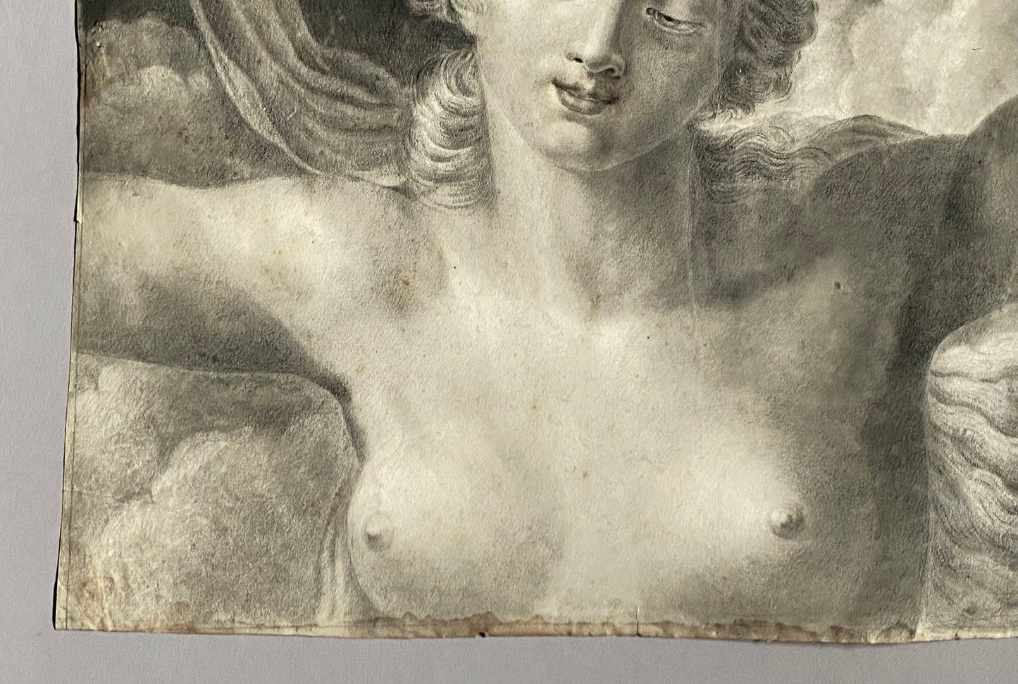 A Original Antigue Hand Drawn Charcoal Drawing of A Woman Women. French. Late 18th Century. Size: 40 x 49 cms.