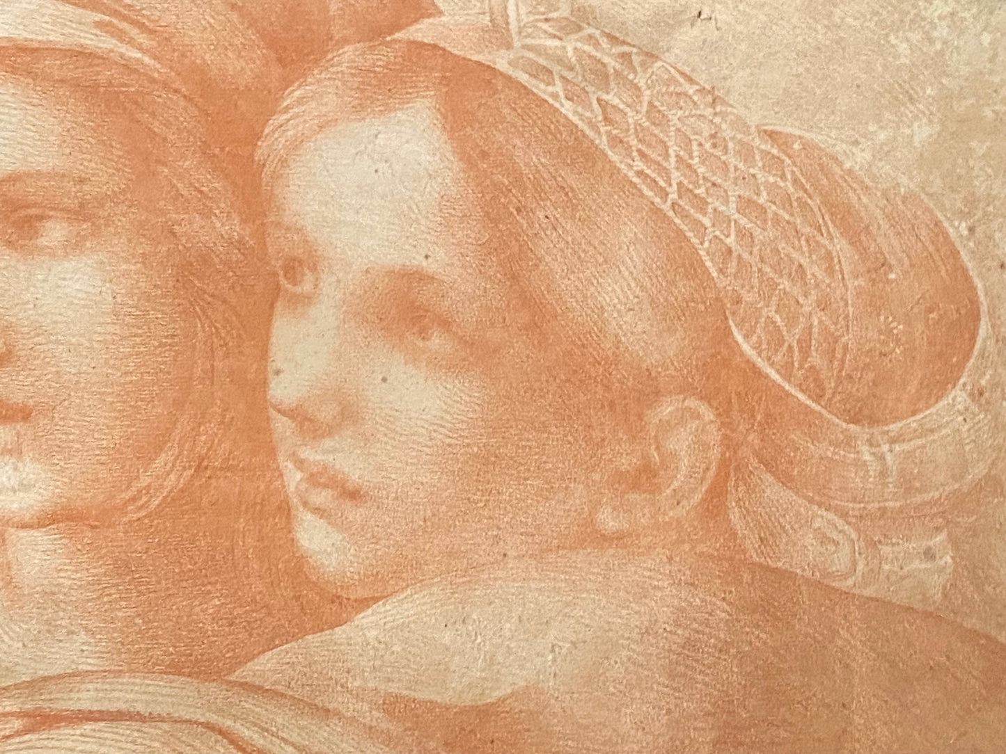 A Original Antigue Hand Drawn Sanguine Drawing. Two Young Women . French. Late 18th Century. Size: 38.5 x 52 cms.