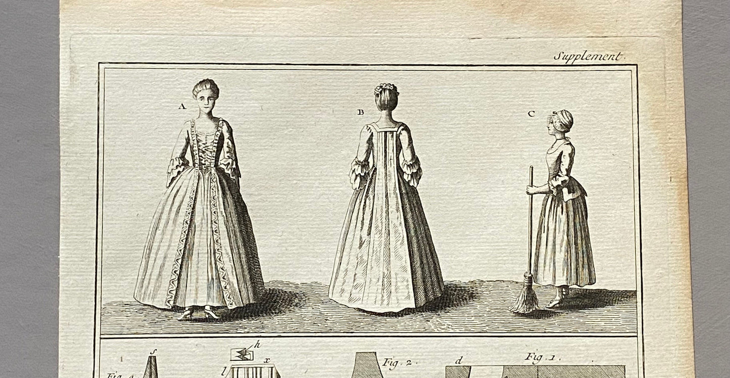 Couturier, Lingerie, The seller of Fashionable Clothes. Three antique Engravings From Diderot’s Encyclopedia. Dated 1751. Size: 24.5 x 40.