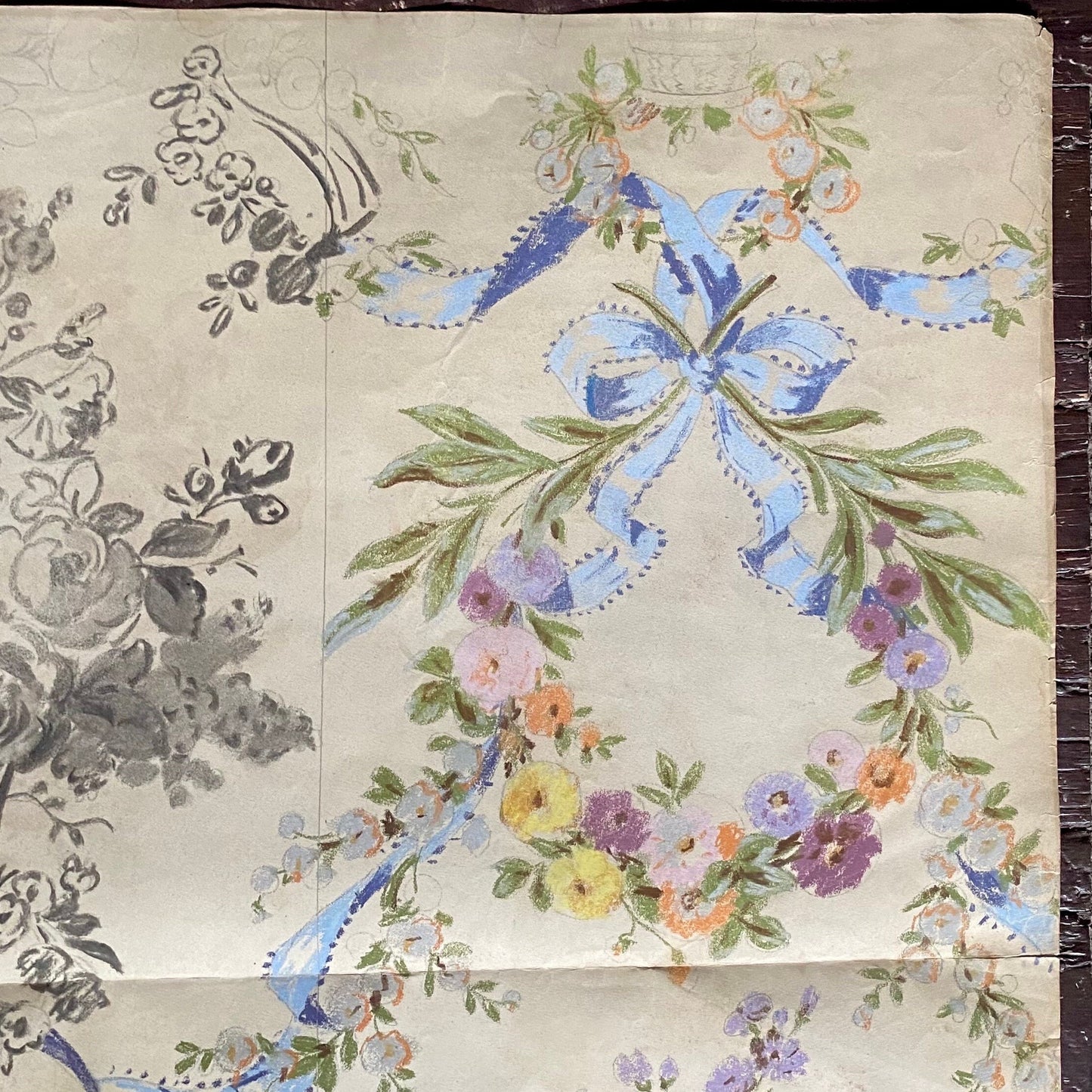 An Original Antique Textile Design by Prelle of Lyons, France. Large. Hand Painted Using Gouche in the early 1900’s. Size: 64 x 82 cms.-