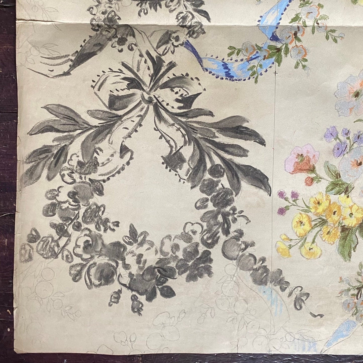 An Original Antique Textile Design by Prelle of Lyons, France. Large. Hand Painted Using Gouche in the early 1900’s. Size: 64 x 82 cms.-