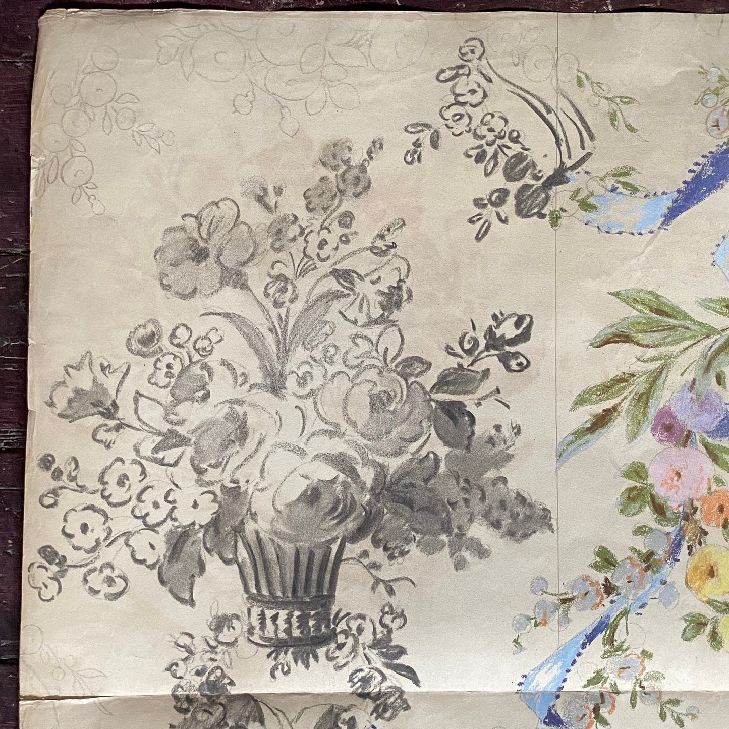An Original Antique Textile Design by Prelle of Lyons, France. Large. Hand Painted Using Gouche in the early 1900’s. Size: 64 x 82 cms.-