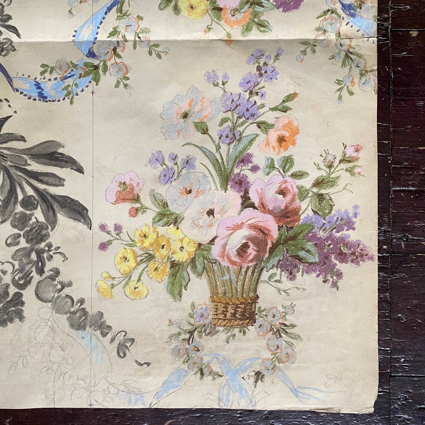 An Original Antique Textile Design by Prelle of Lyons, France. Large. Hand Painted Using Gouche in the early 1900’s. Size: 64 x 82 cms.-