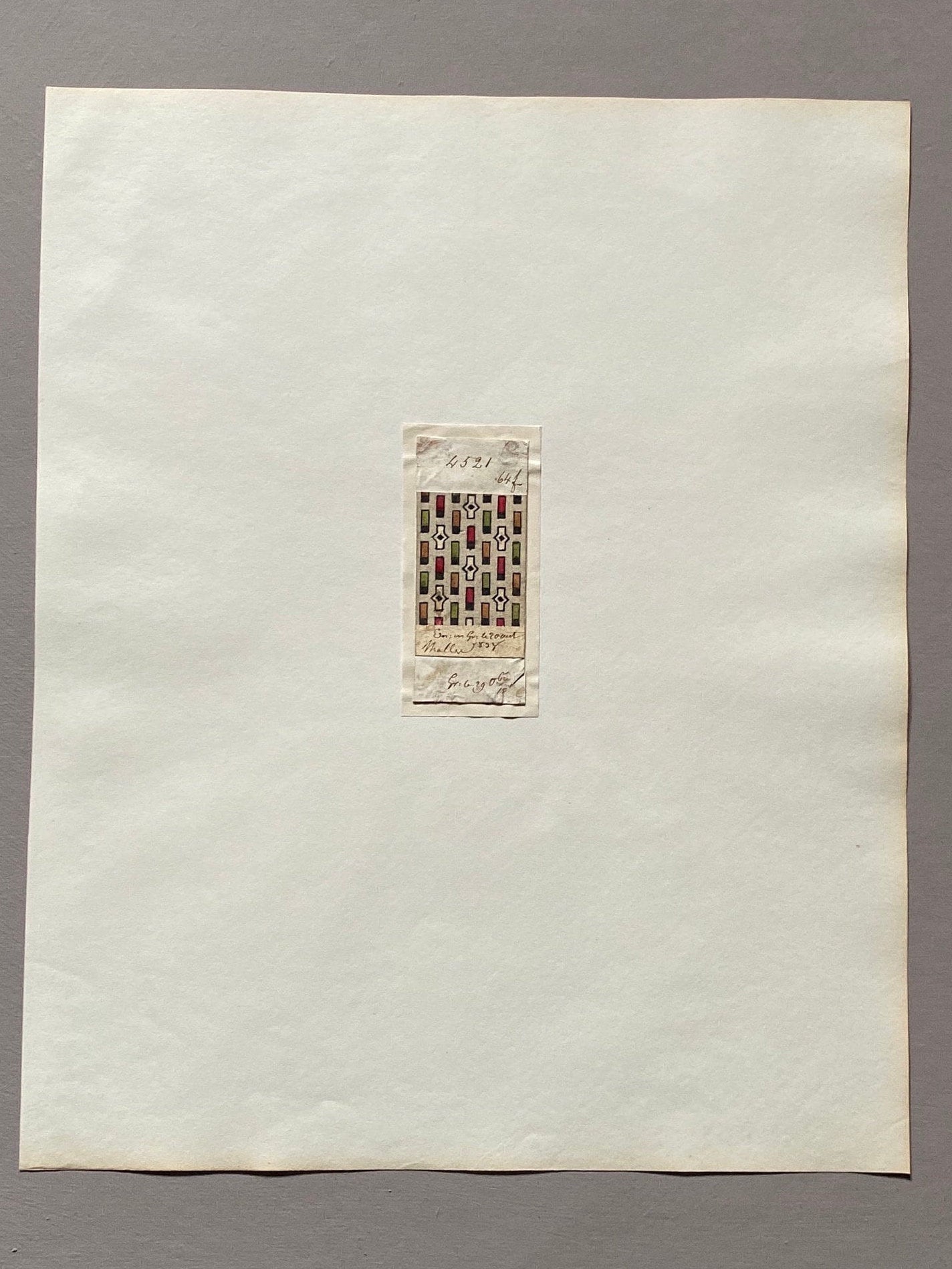 A Genuine 19th Century handpainted French Textile Design. Dated 1838. Mounted on Antique Paper. Size: 3 x 7 cms.