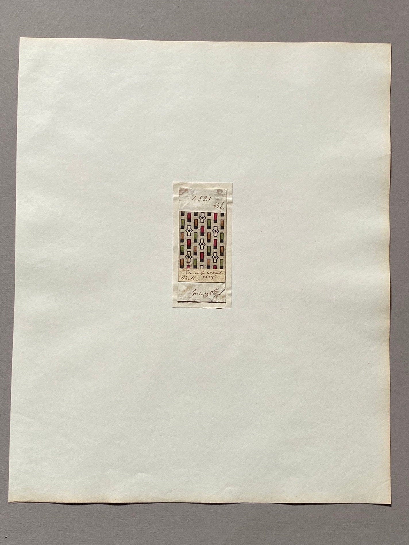 A Genuine 19th Century handpainted French Textile Design. Dated 1838. Mounted on Antique Paper. Size: 3 x 7 cms.
