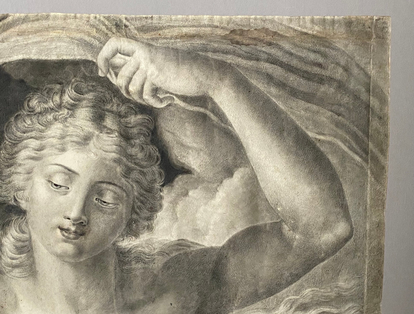 A Original Antigue Hand Drawn Charcoal Drawing of A Woman Women. French. Late 18th Century. Size: 40 x 49 cms.