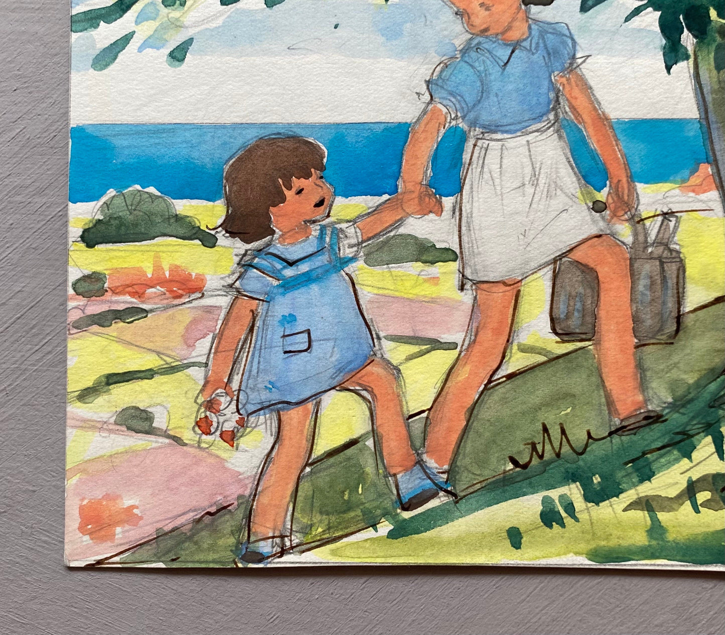 An Original Coloured Illustration From The 1950’s. Two Girls. Sisters Walking. Watercolour and Gouche. Size: 18.5 x 15.5 cms.