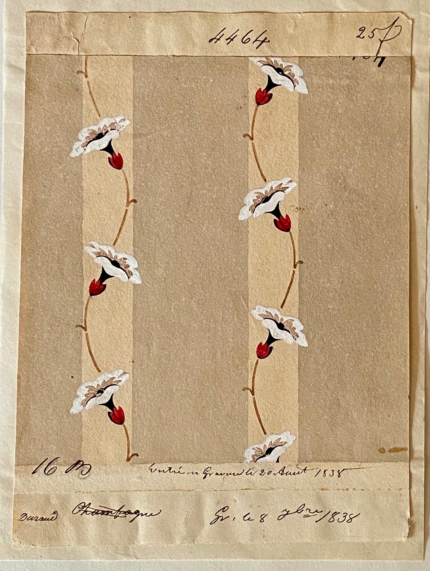 A Genuine 19th Century handpainted French Textile Design. Dated 1838. Mounted on Antique Paper. Size: 12 x16 cms.